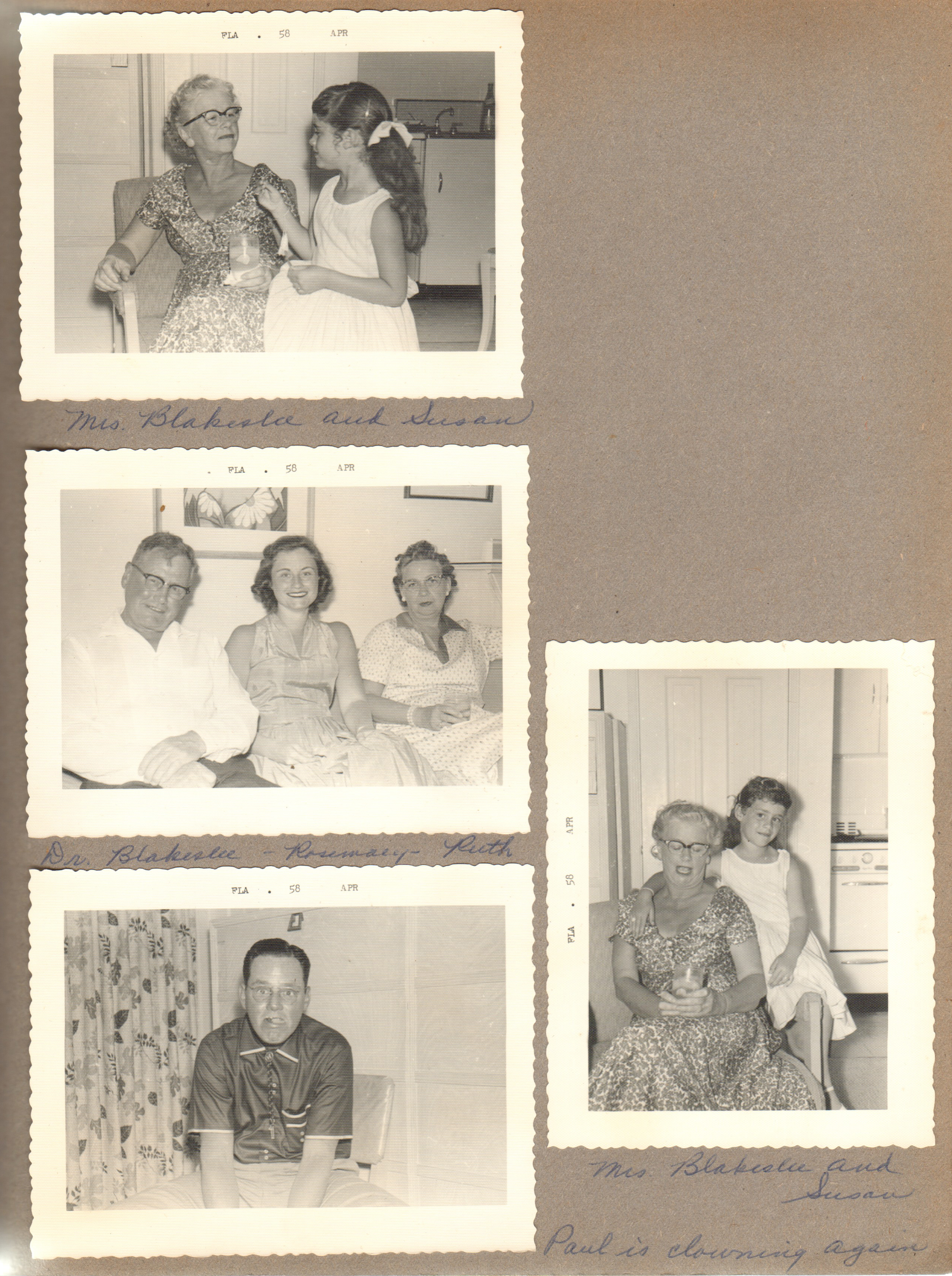 Florida - Hollywood Beach - Neptune - inside apartment - Mrs Blakeslee and Susan. Dr Blakeslee, Rosemary, Ruth. Paul is clowning again.