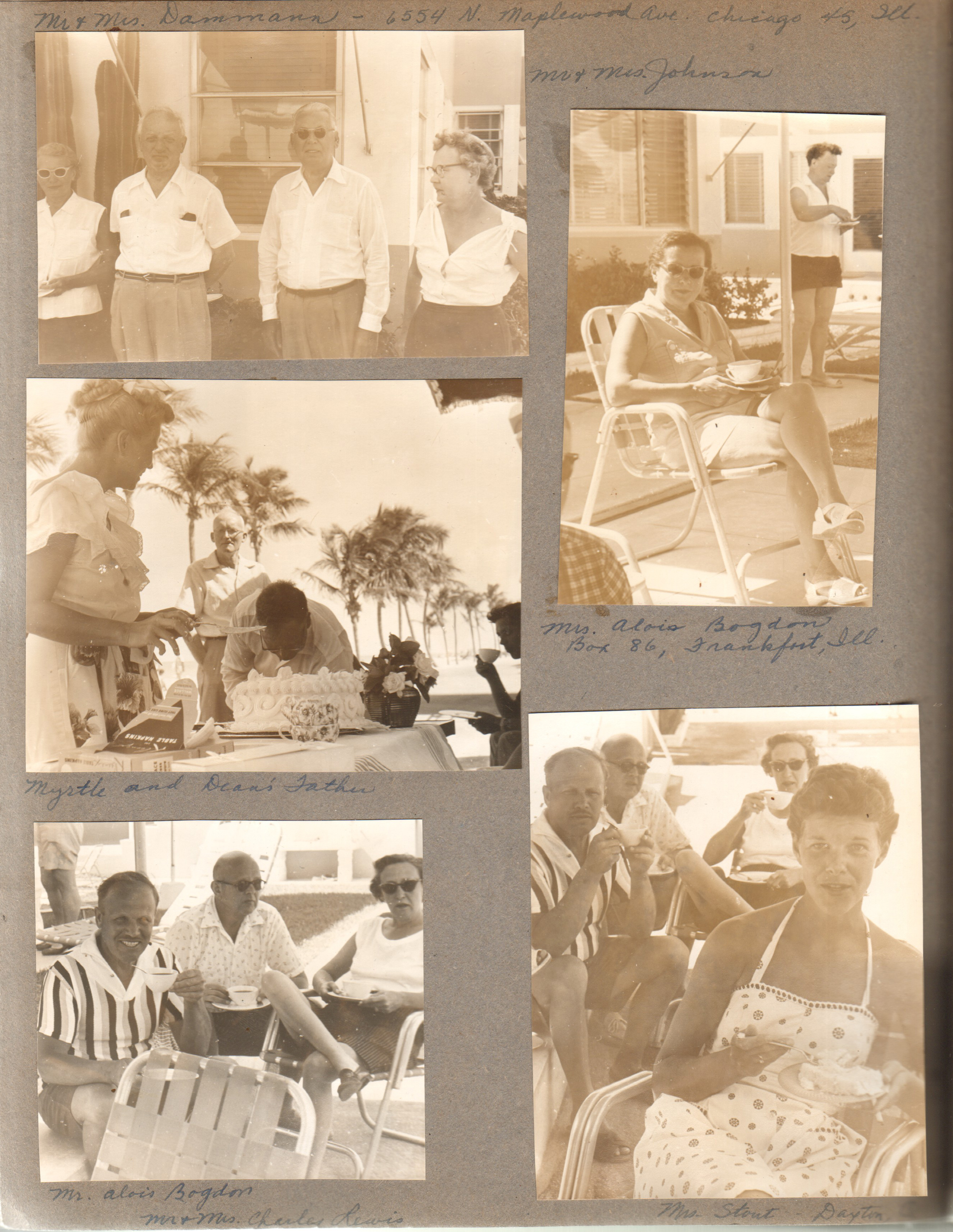Florida - Hollywood Beach - Neptune. Mr and Mrs Dammann, Mr and Mrs Johnson, Mrs Alois Bogdon. Myrtle and Dead's father. Mr Alois Bogdon, Mr and Mrs Charles Lewis. Mrs Dtout - Dayton