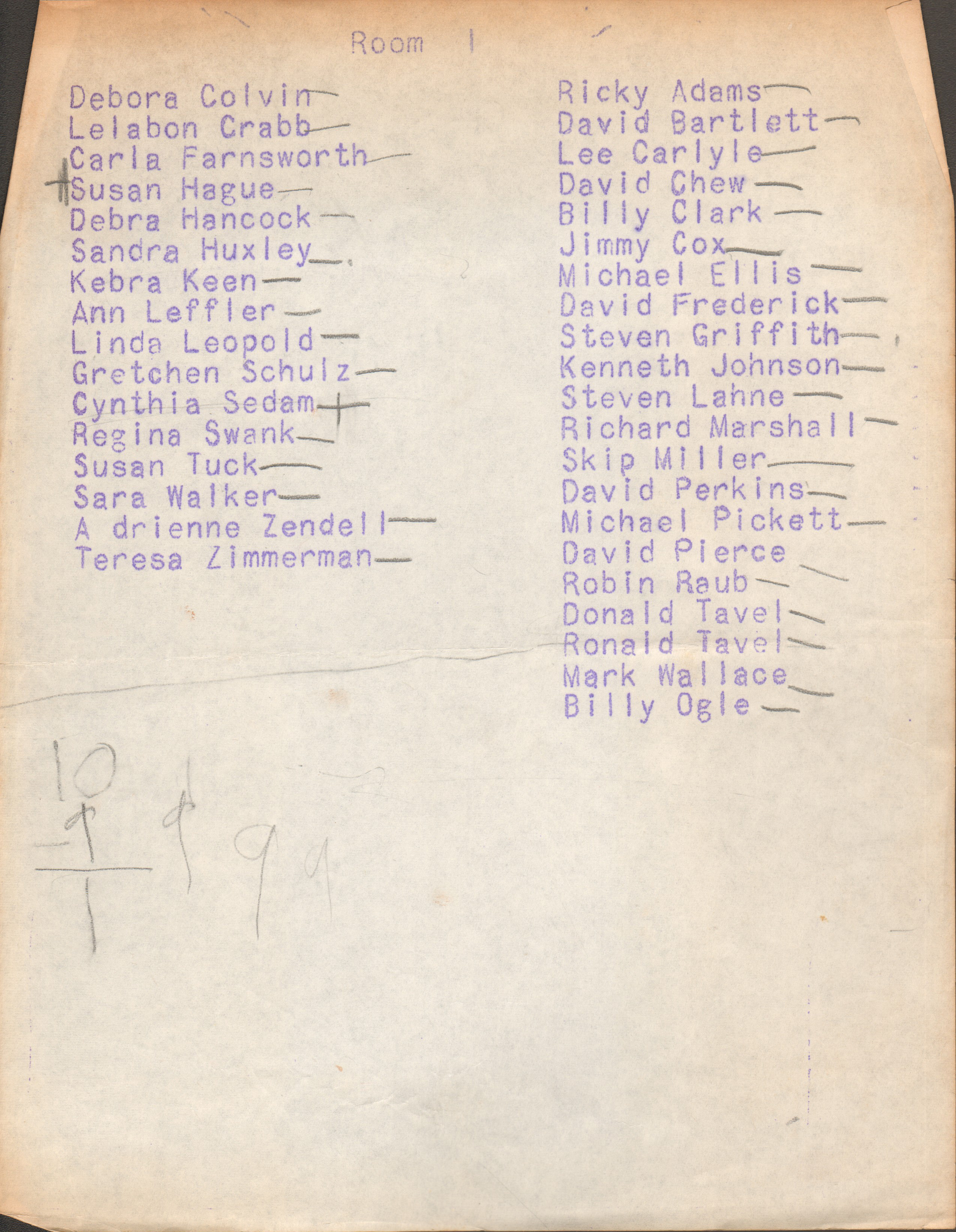mimeograph School 80 room 1 class roster - Susan Tuck, Susan Hague