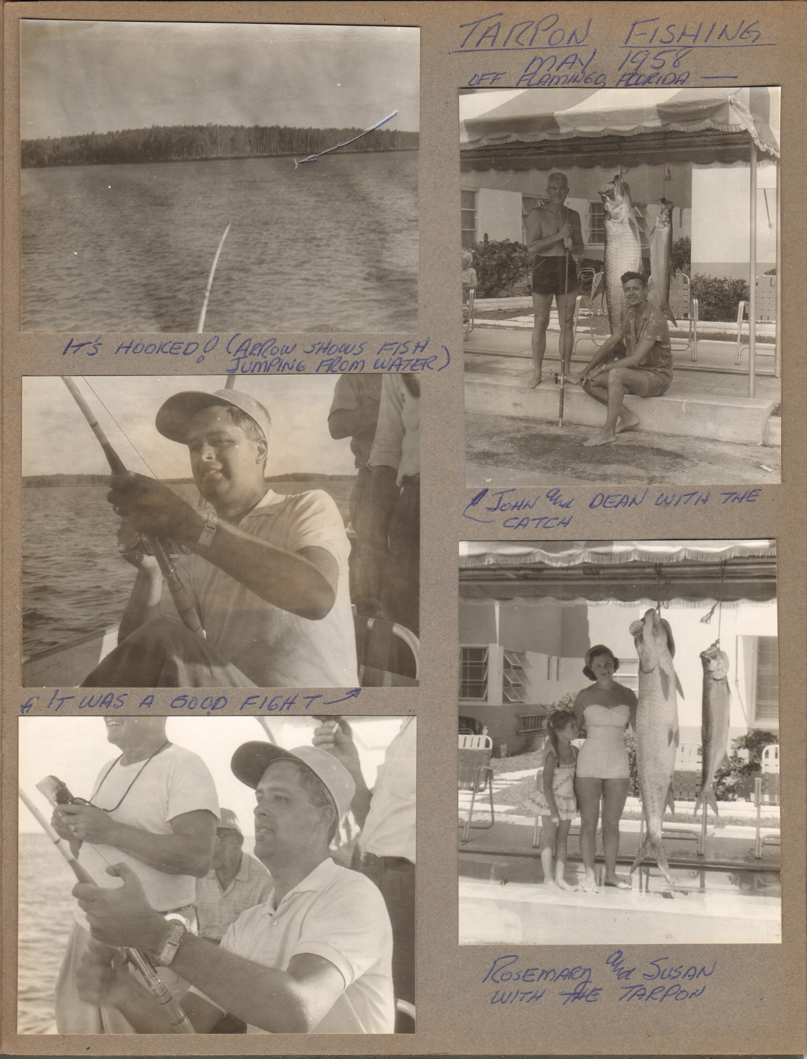 Tarpon fishing May 1958 off Flamingo Florida. John and Dean with the catch. Rosemary and Susan with the tarpon at the Neptune
