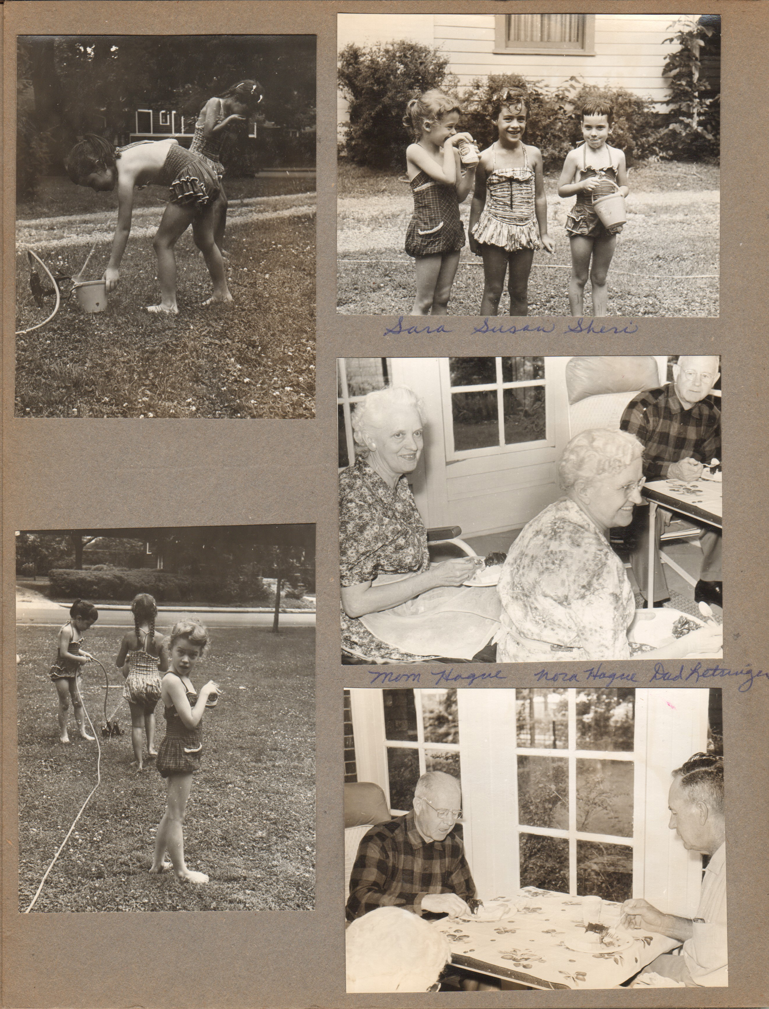 Sara, Susan, Sheri playing in water in 6122 yard. Helen and Nora Hague, Curt Letsinger at farm. Curt and Girstle.