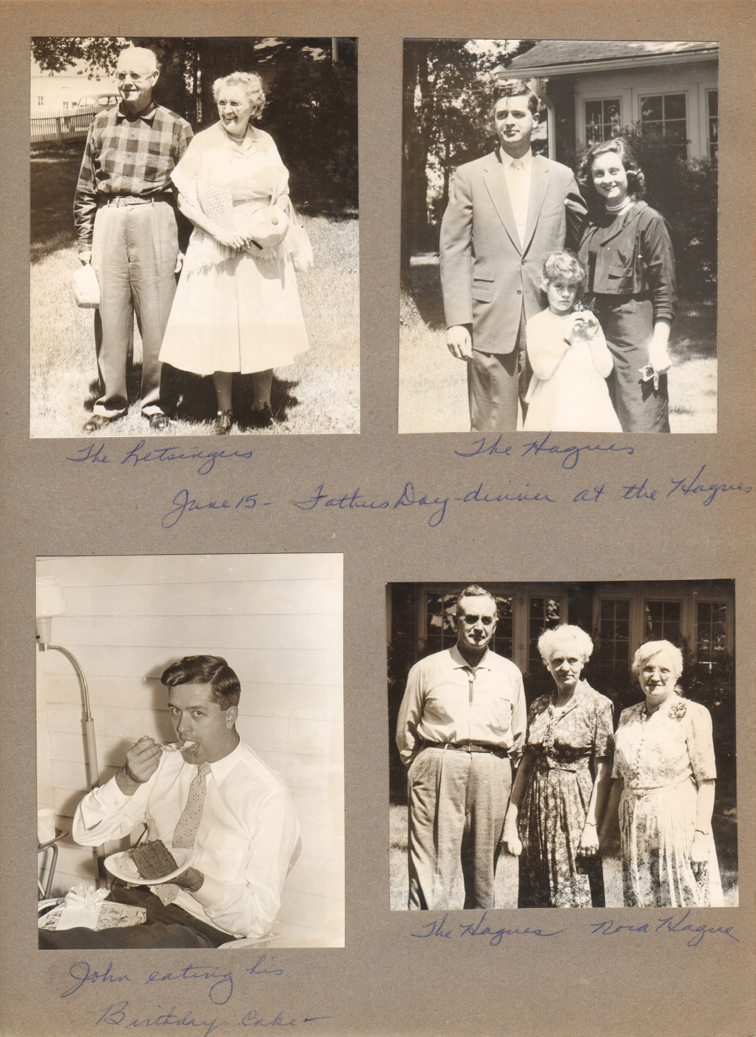 Fathers Day dinner at 8815 Haverstick. Curt and Vonnie. John, Rosemary and Susan. John eating cake. Girstle, Helen, Nora Hague