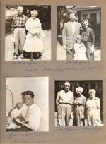 Fathers Day dinner at 8815 Haverstick. Curt and Vonnie. John, Rosemary and Susan. John eating cake. Girstle, Helen, Nora Hague