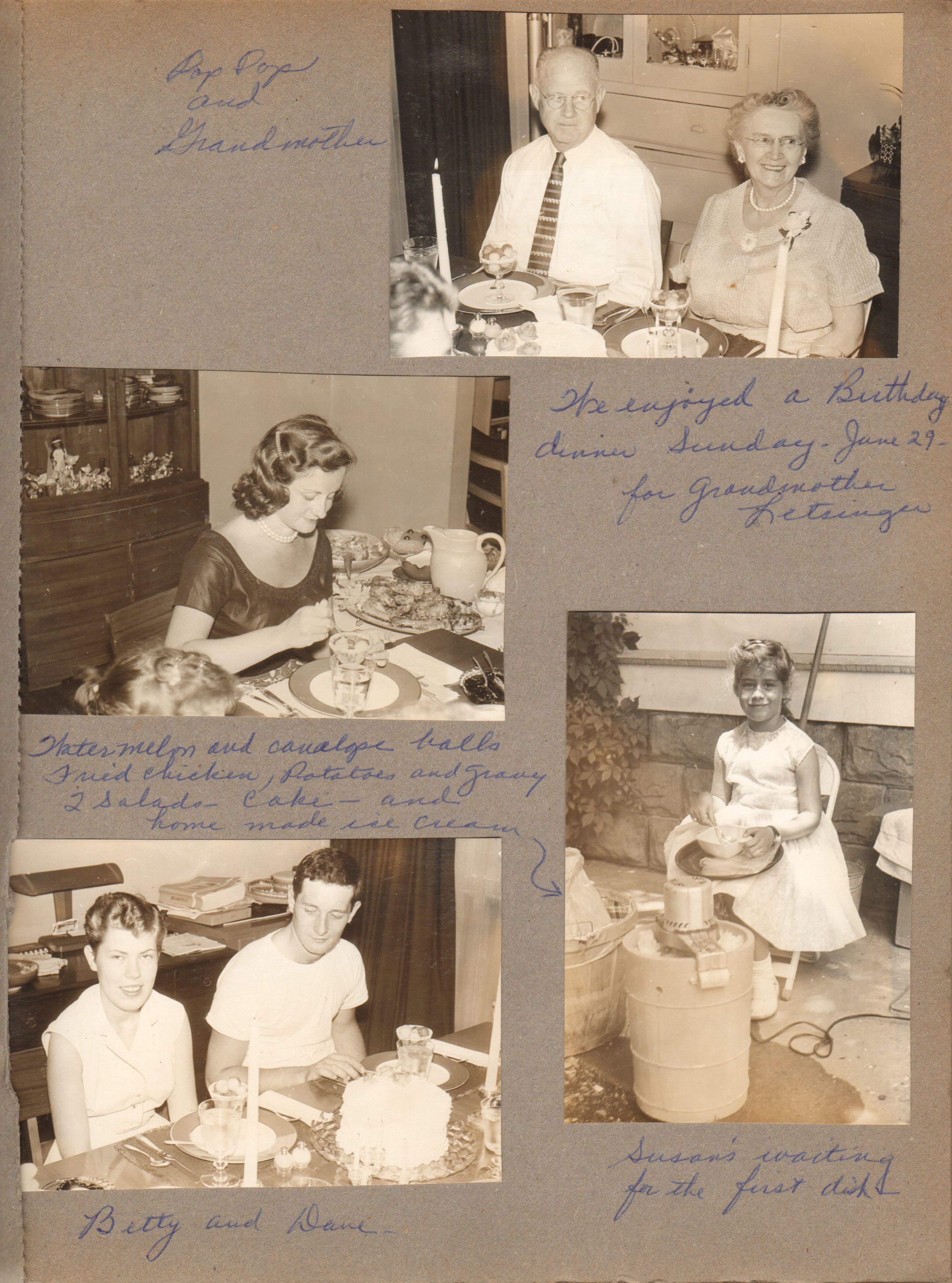 6122 dining room - Curt and Vonnie. Rosemary. Dave and Betty. Susan making ice cream outside