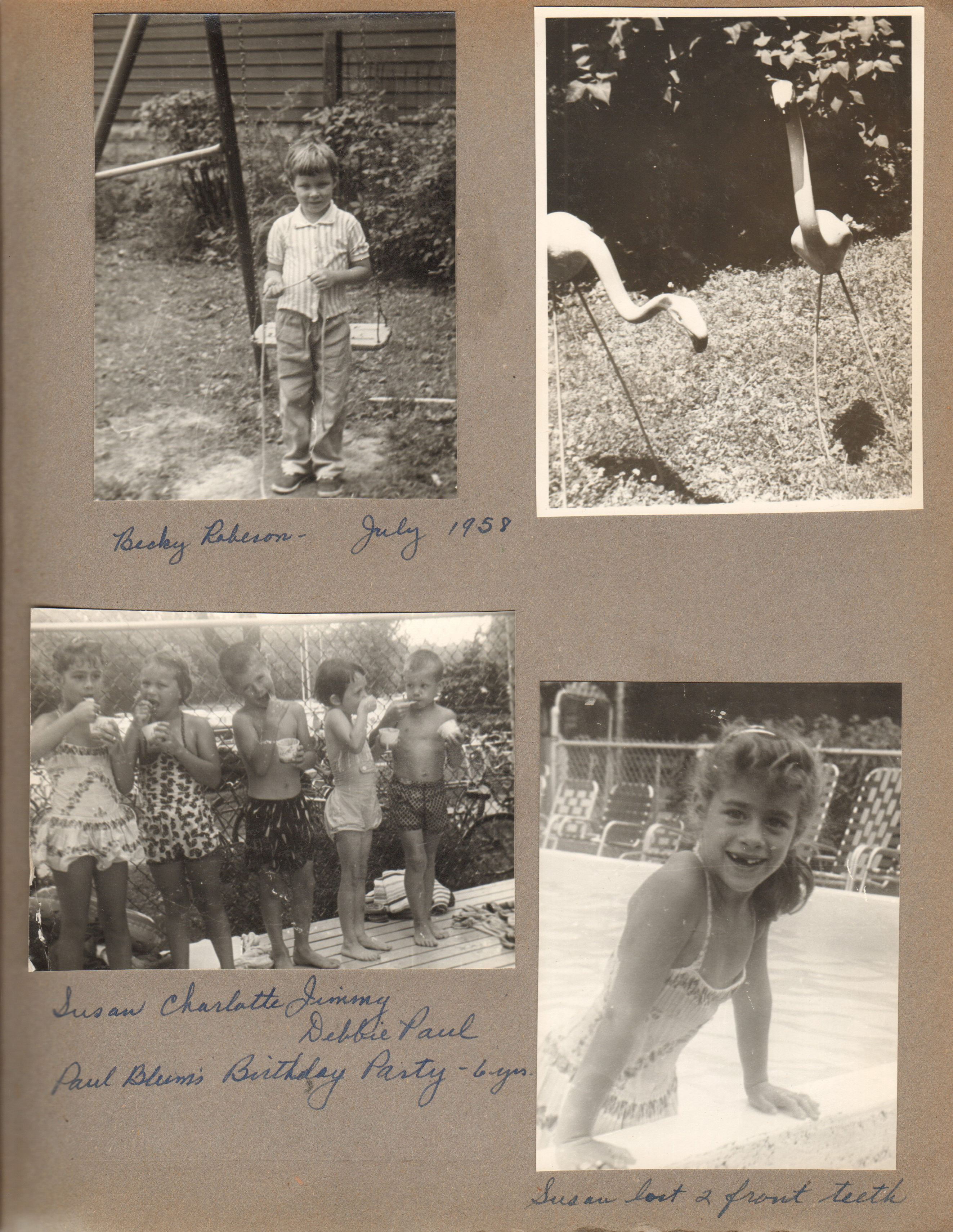6122 swing set Becky Robeson. Pink flamingos in yard. Riviera Club - Susan, Charlotte, Jimmy, Debbie, Paul Blum.