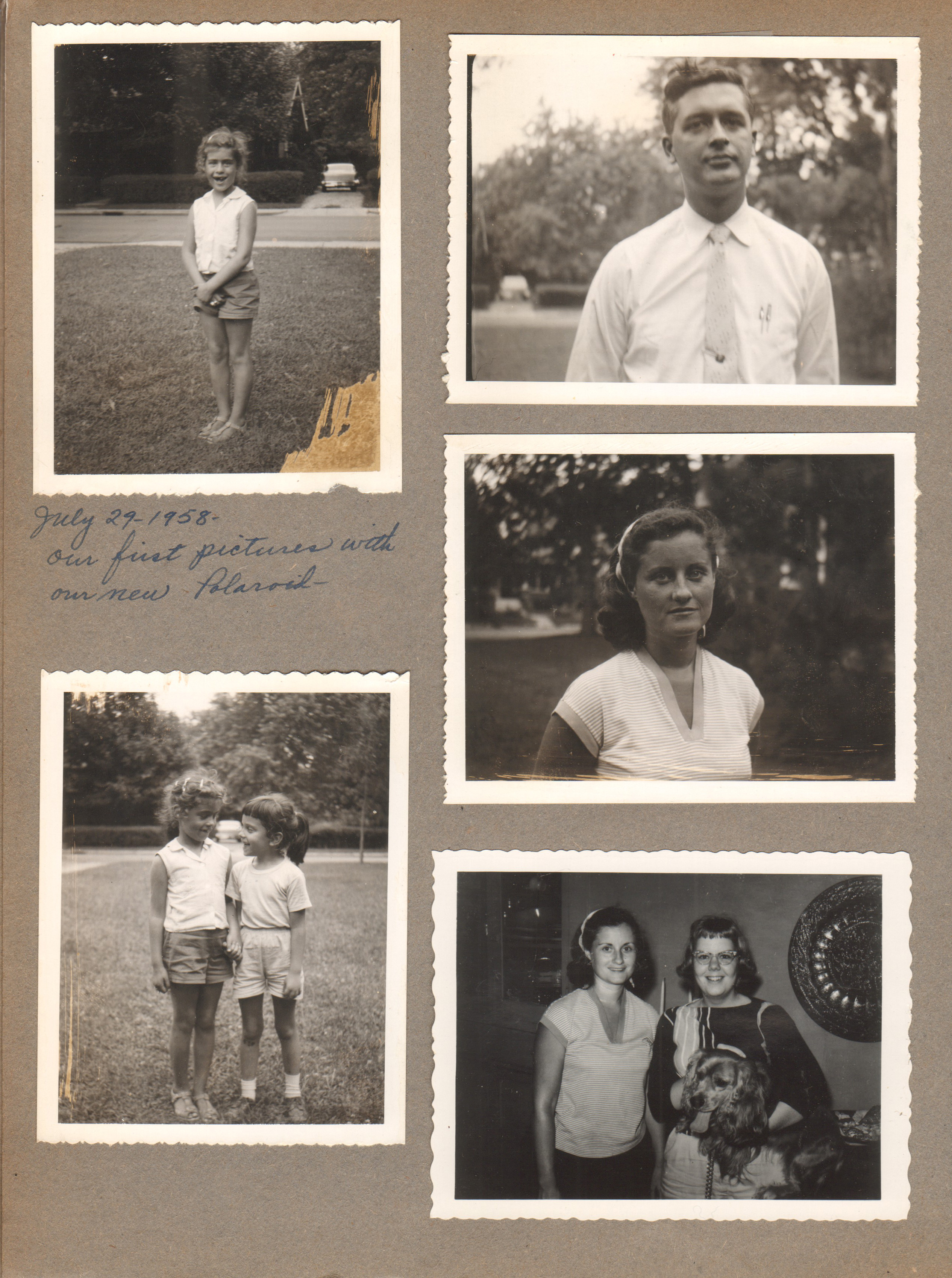Susan front yard 6122. John, Rosemary. Sandy Brawner. First pictures with new Polaroid camera