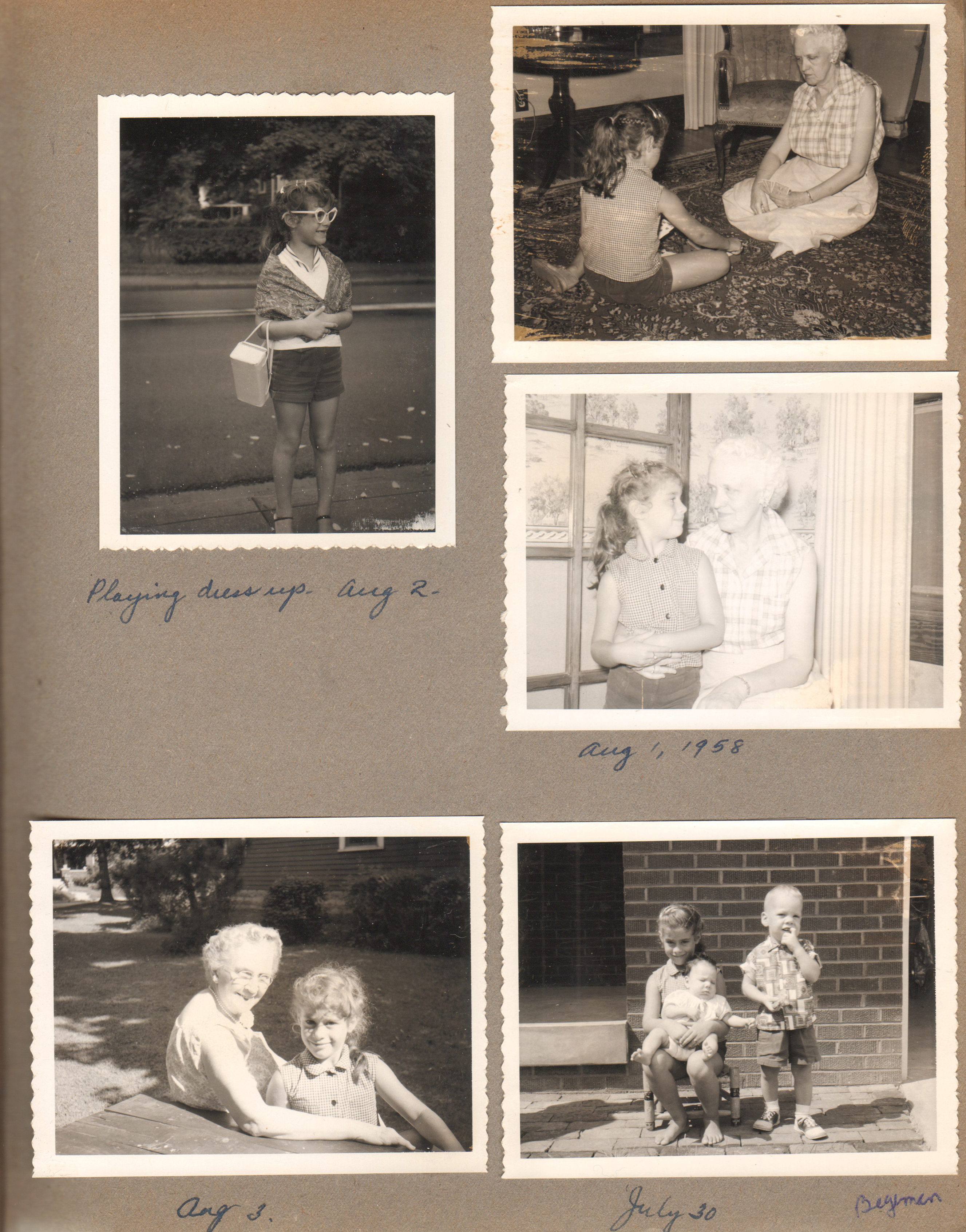 Susan playing dress up in yard. Helen Hague. Vonnie and Susan in yard. Susan and Tobert Begeman
