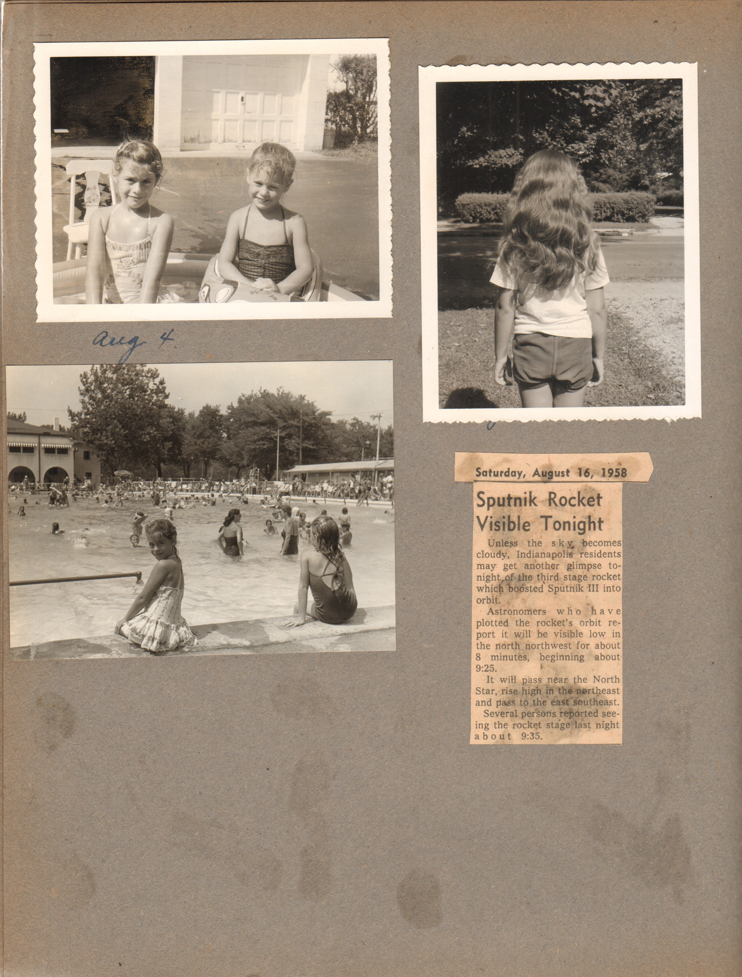 Susan and friend in blow up pool. Susan's long hair. Susan at Riviera Club. article - Sputnik rocket visible