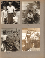 Rosemary, Warren and Susan in yard. Susan under castor bean. Susan and Rosemary next to castor bean