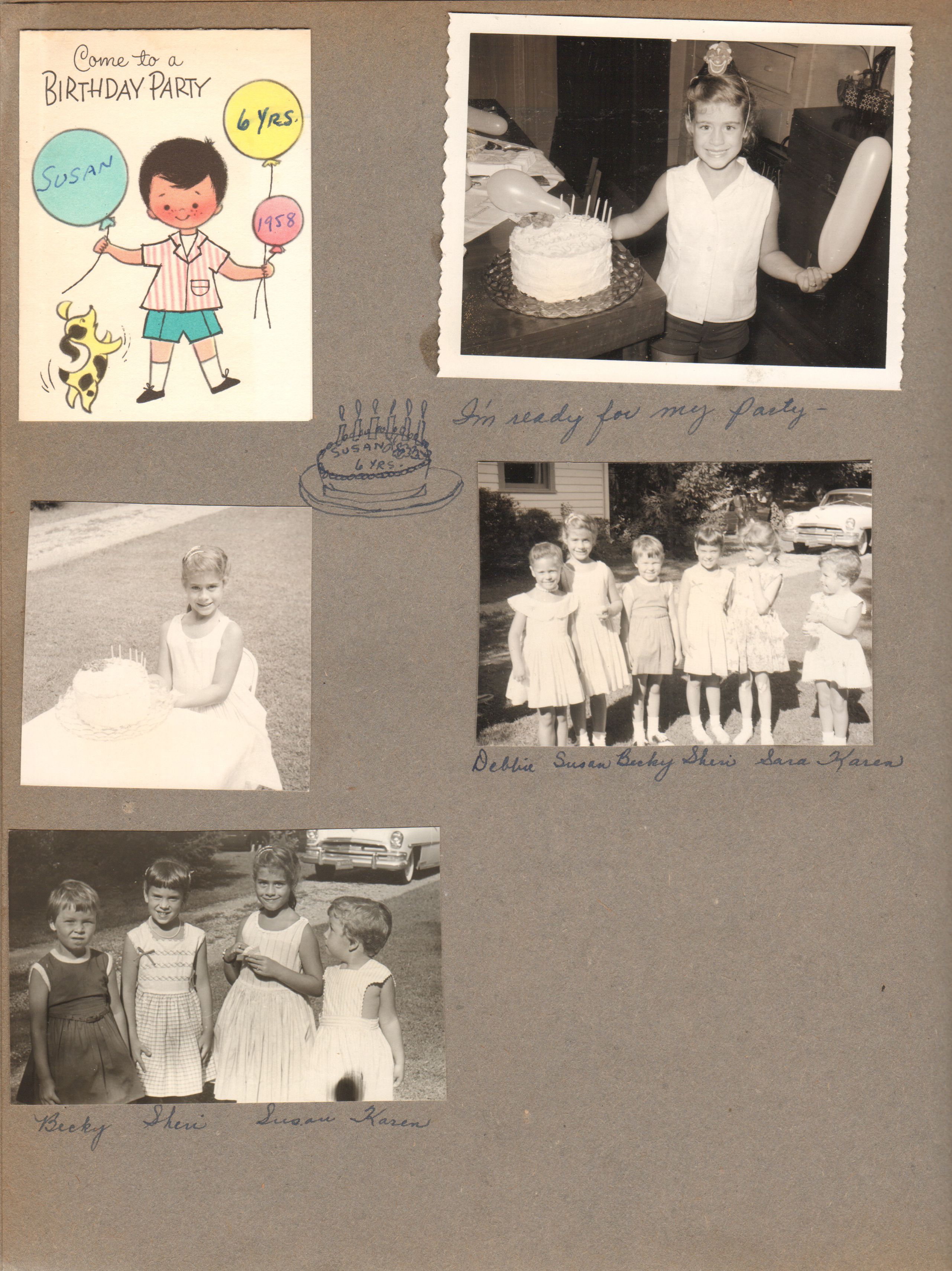 Susan birthday invitation. Cake. Debbie, Susan, Becky, Sheri, Sara, Karen. Becky, Sheri, Susan, Karen