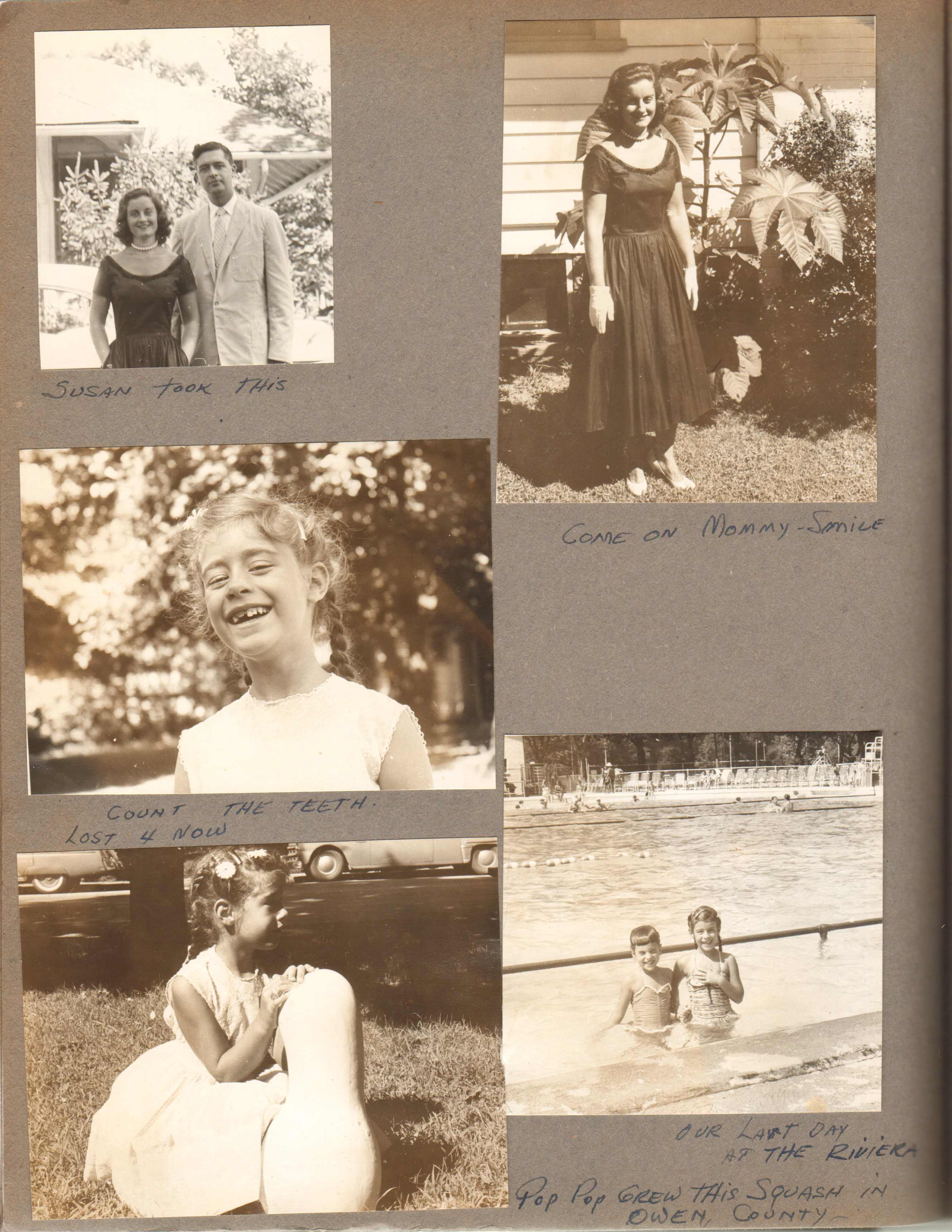 Susan took picture of John and Rosemary. Rosemary by castor bean. Susan missing 4 teeth. Susan and squash from Owen County. Susan at Riviera Club