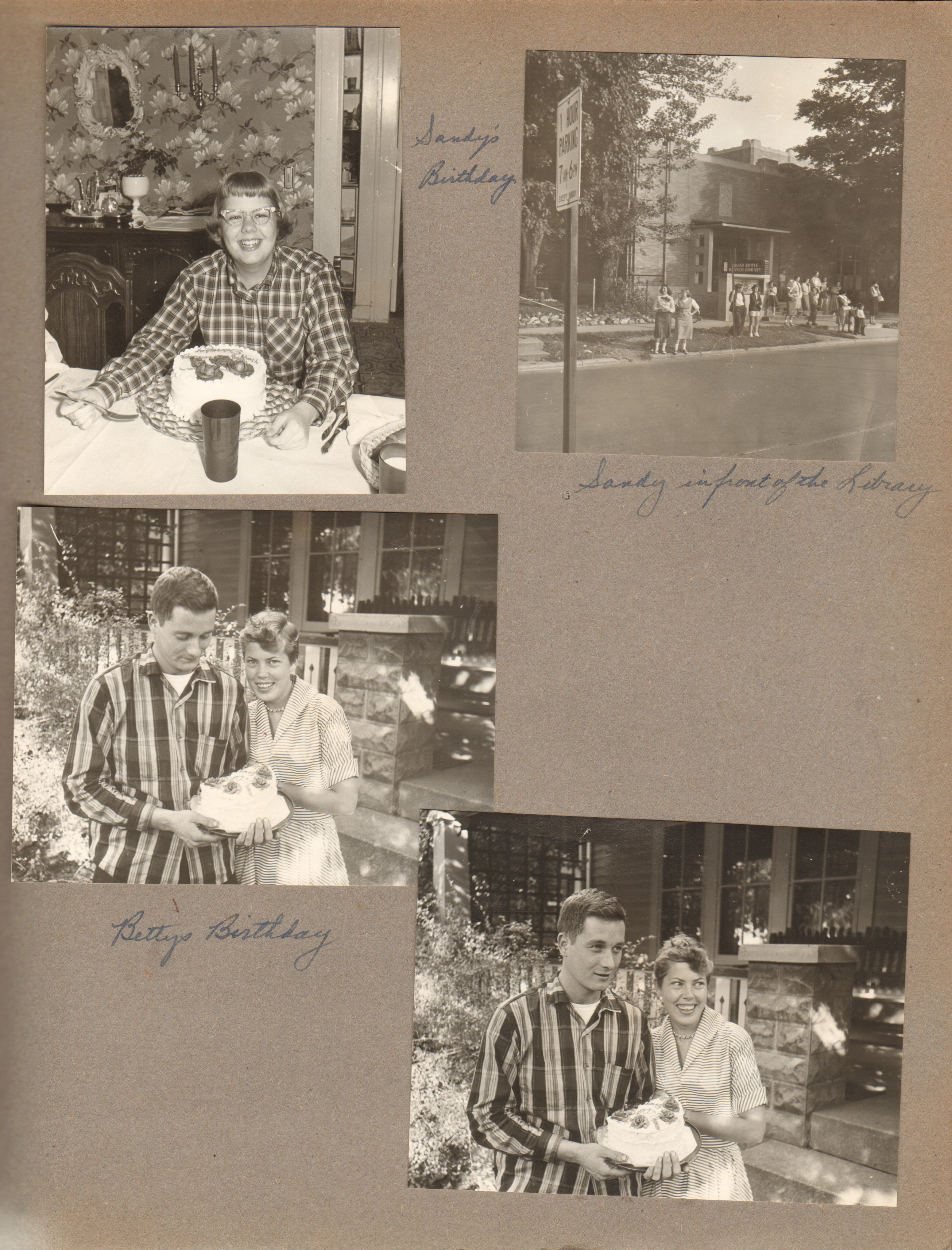 Sandy Brawner birthday. Sandy in front of school 80 library on Guilford. Dave and Betty - birthday