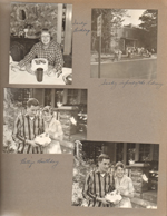 Sandy Brawner birthday. Sandy in front of school 80 library on Guilford. Dave and Betty - birthday