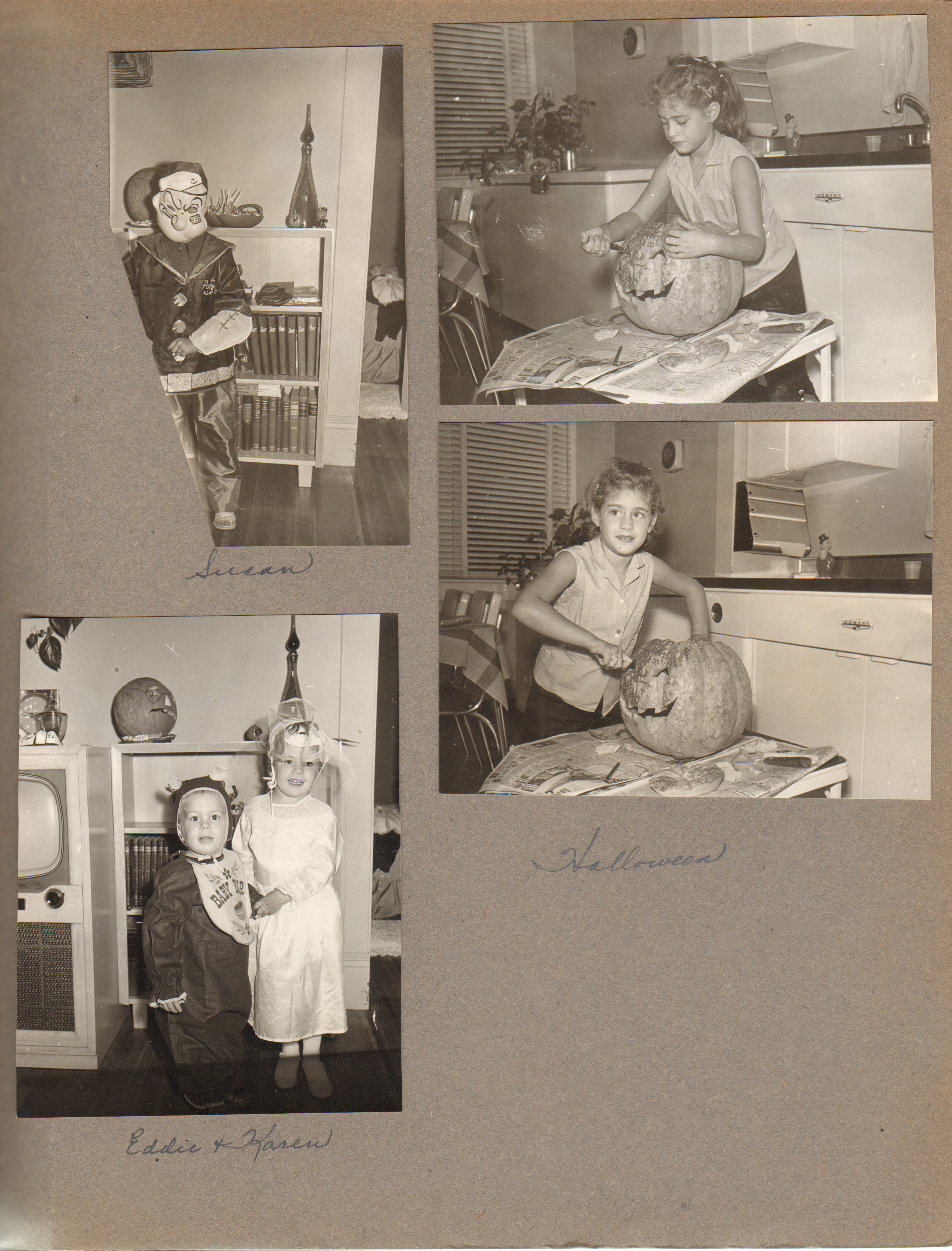 Susan 6122 living room dressed in Popeye costume. Carving pumpkin in kitchen. Eddie and Karen in costumes in 6122 living room.