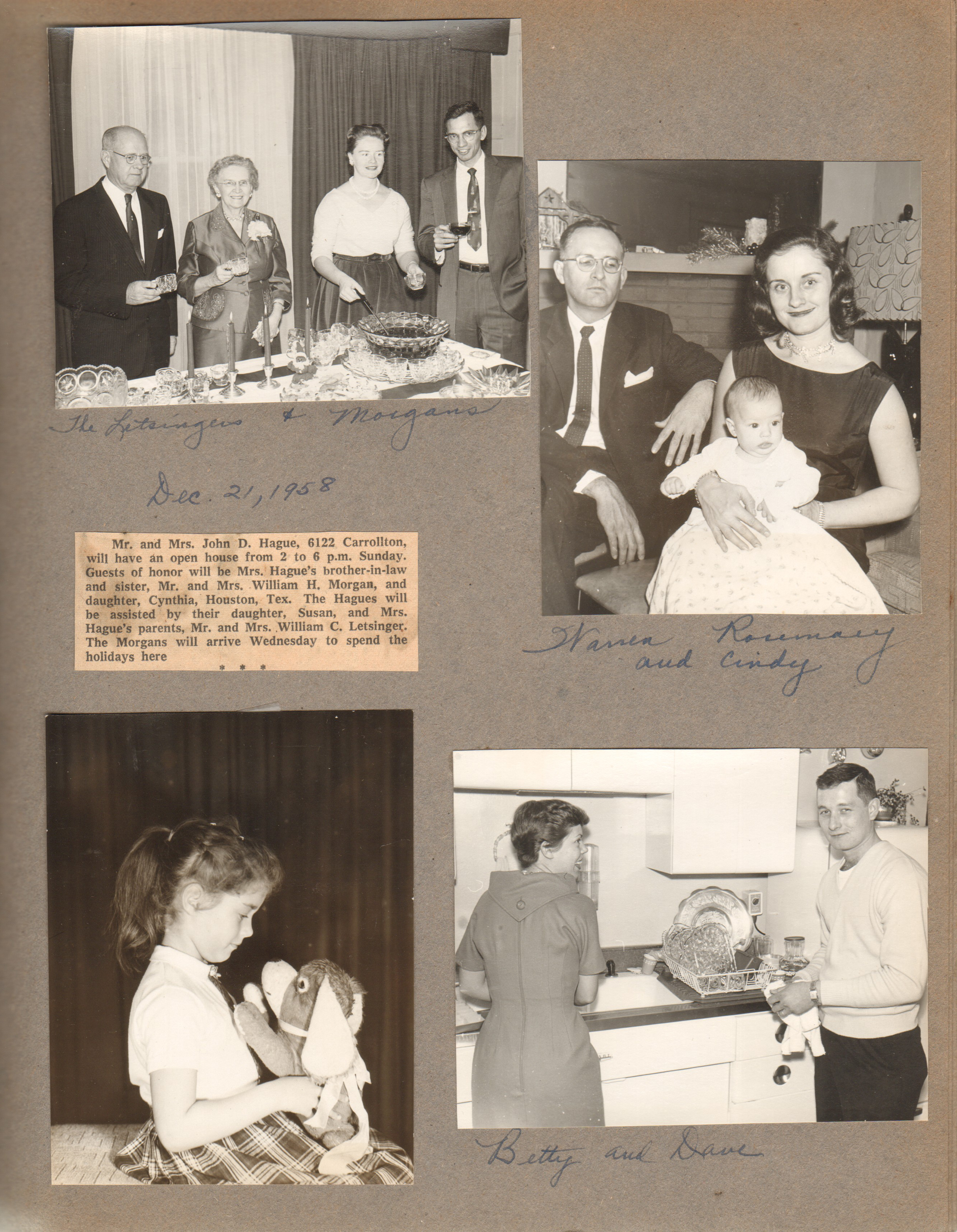 6122 dining room - Curt, Vonnie, Helen and Bill. newspaper clipping for open house. 6122 living room - Warren, Rosemary and Cindy. 6122 kitchen - Betty and Dave. Susan with stuffed dog