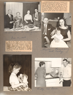 6122 dining room - Curt, Vonnie, Helen and Bill. newspaper clipping for open house. 6122 living room - Warren, Rosemary and Cindy. 6122 kitchen - Betty and Dave. Susan with stuffed dog