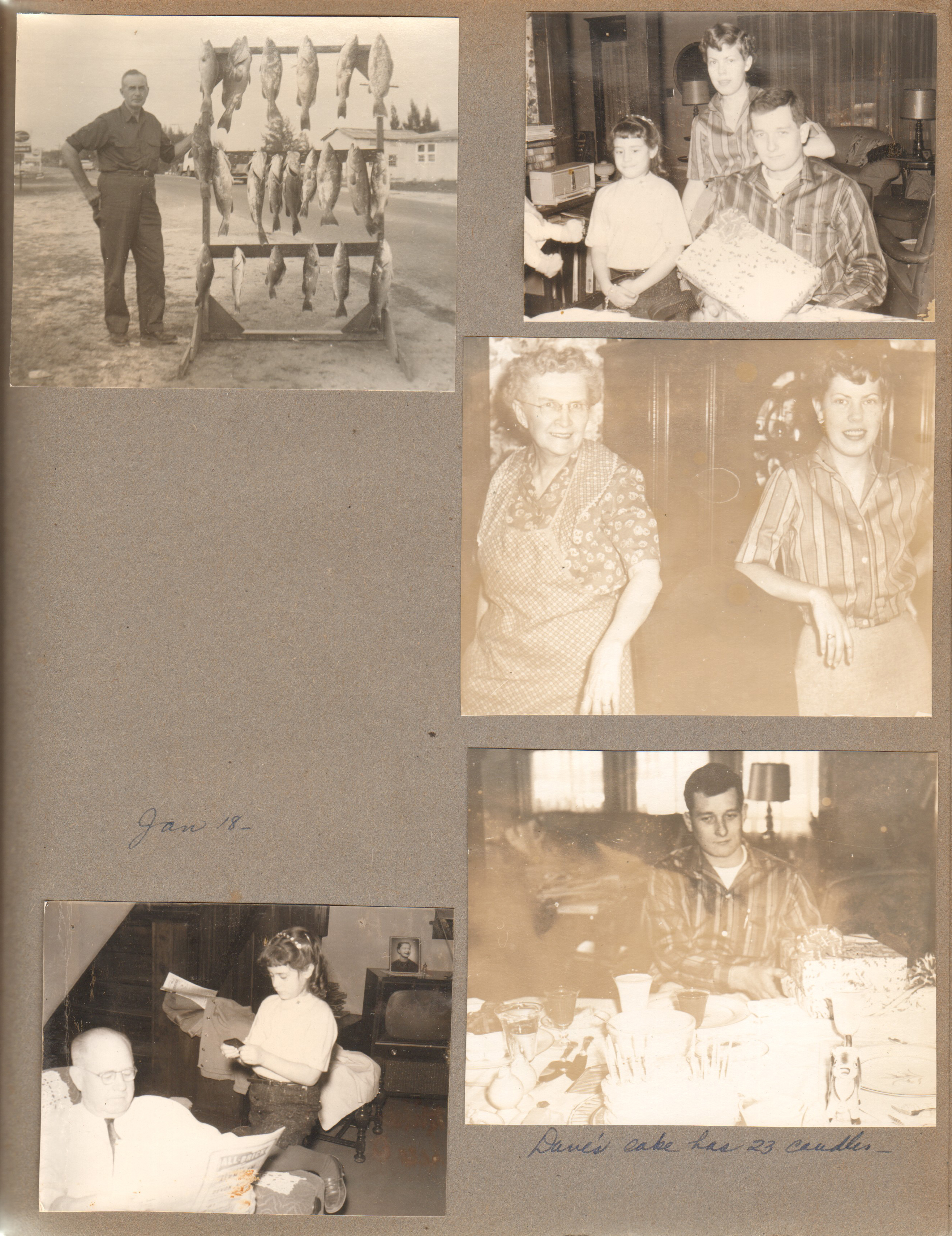 Girstle with a rack of fish. 3845 Capitol - Susan, Betty, Dave. Vonnie and Betty. Curt and Susan. Dave is 23.
