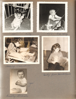 Cindy in playpen and stroller. Susan making valentines. Bradley Blakeslee 1 year