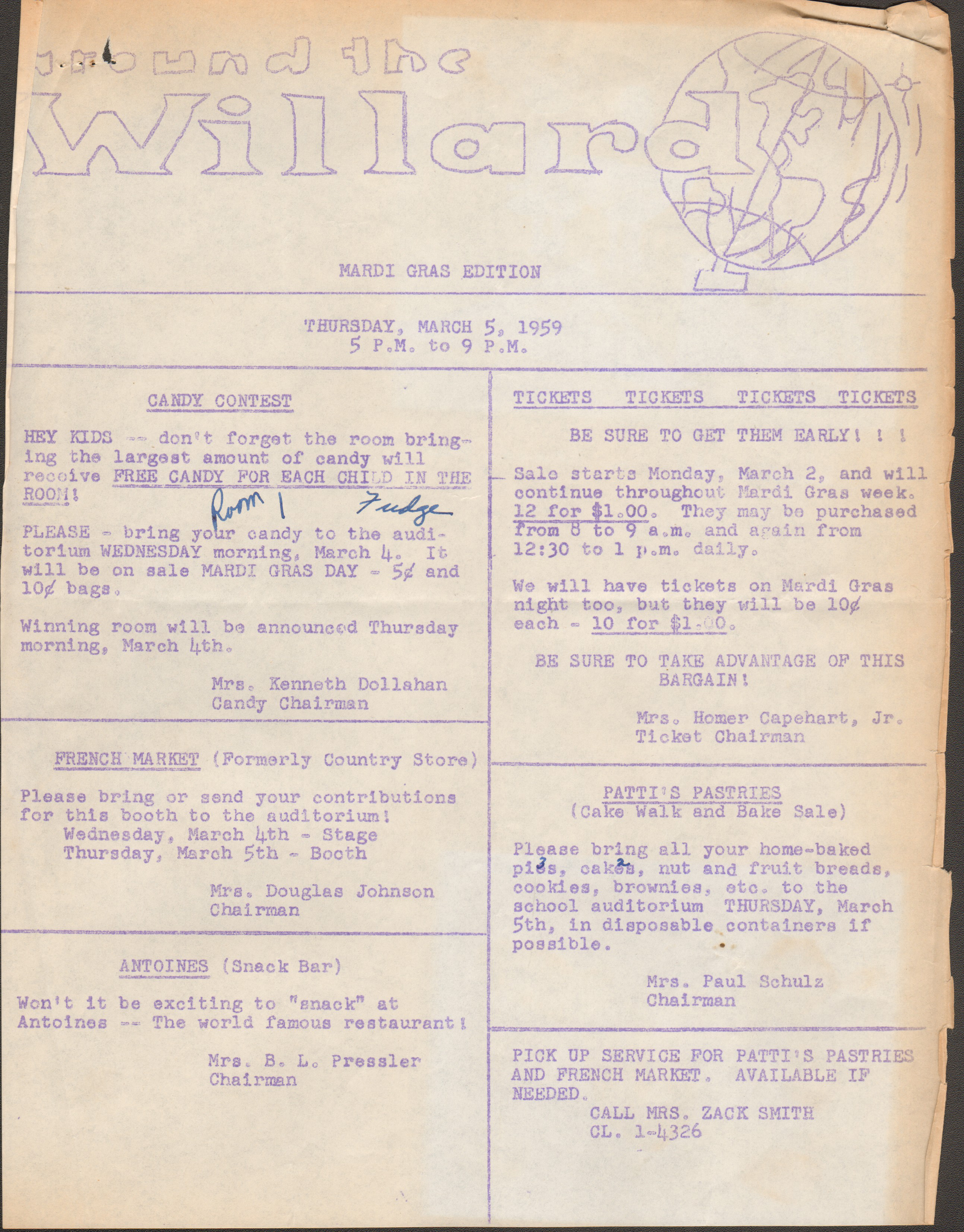 School 80 Around the Willard, mimeographed newsletter for Mardi Gras fund raiser