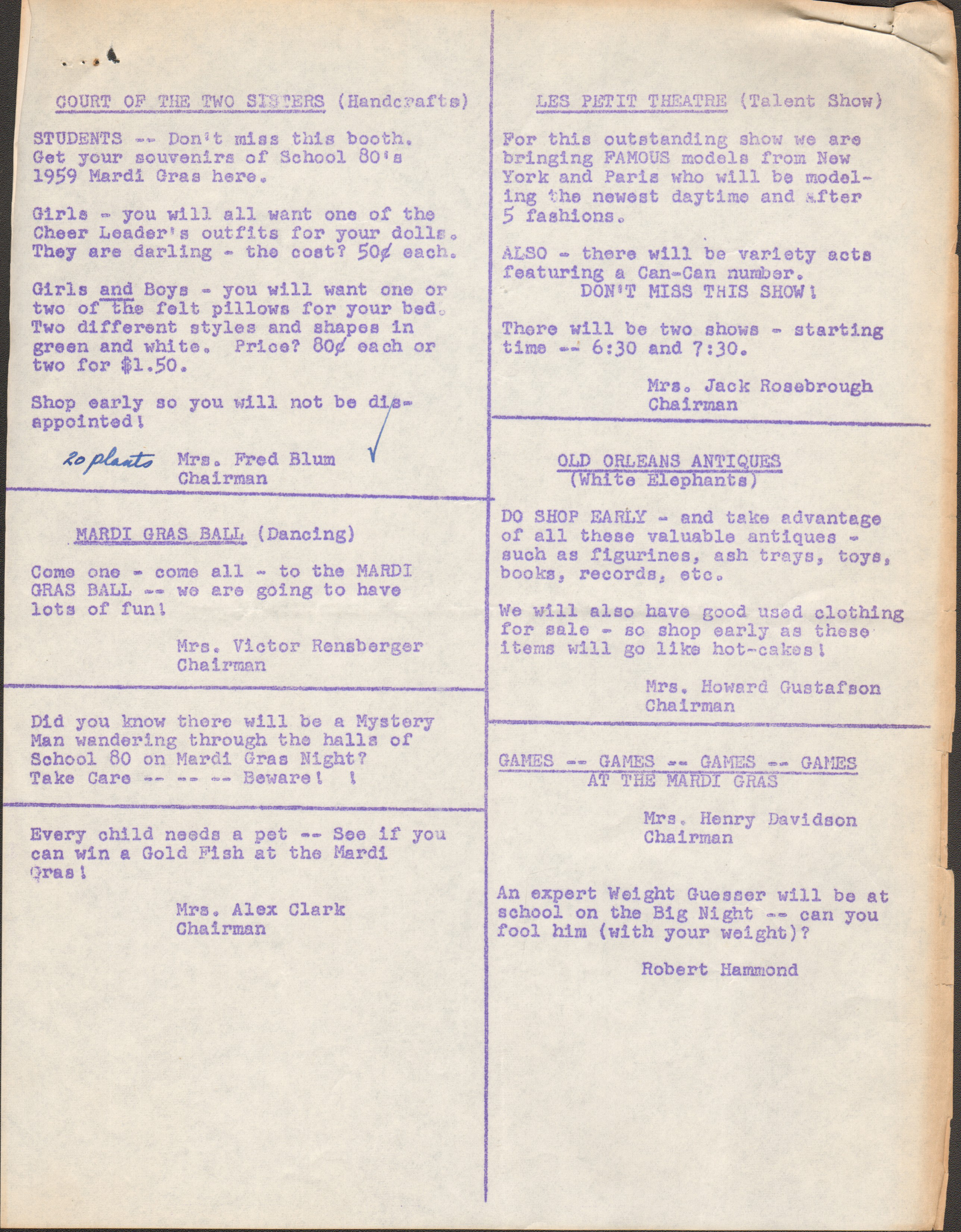 School 80 Around the Willard, mimeographed newsletter for Mardi Gras fund raiser