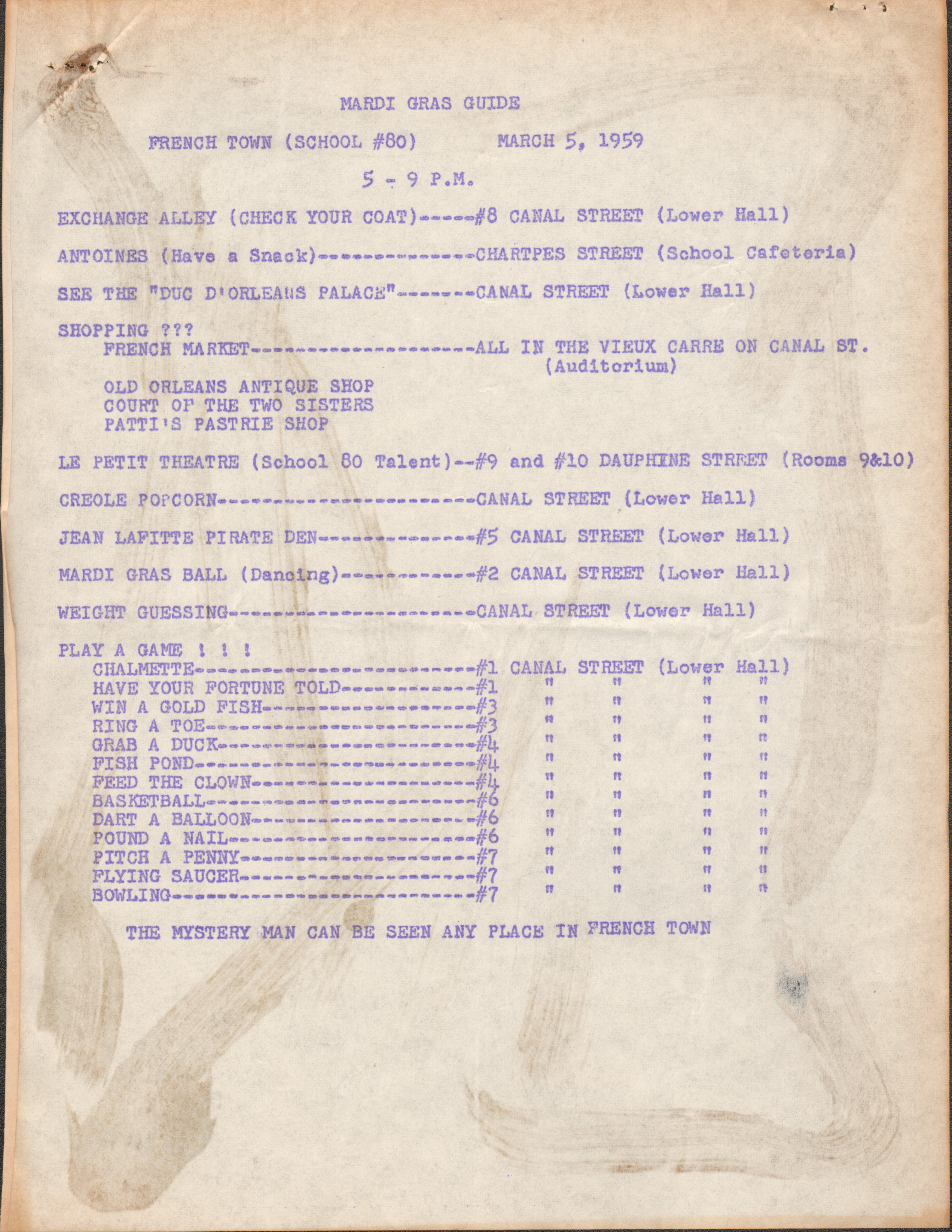 School 80 Around the Willard, mimeographed newsletter for Mardi Gras fund raiser