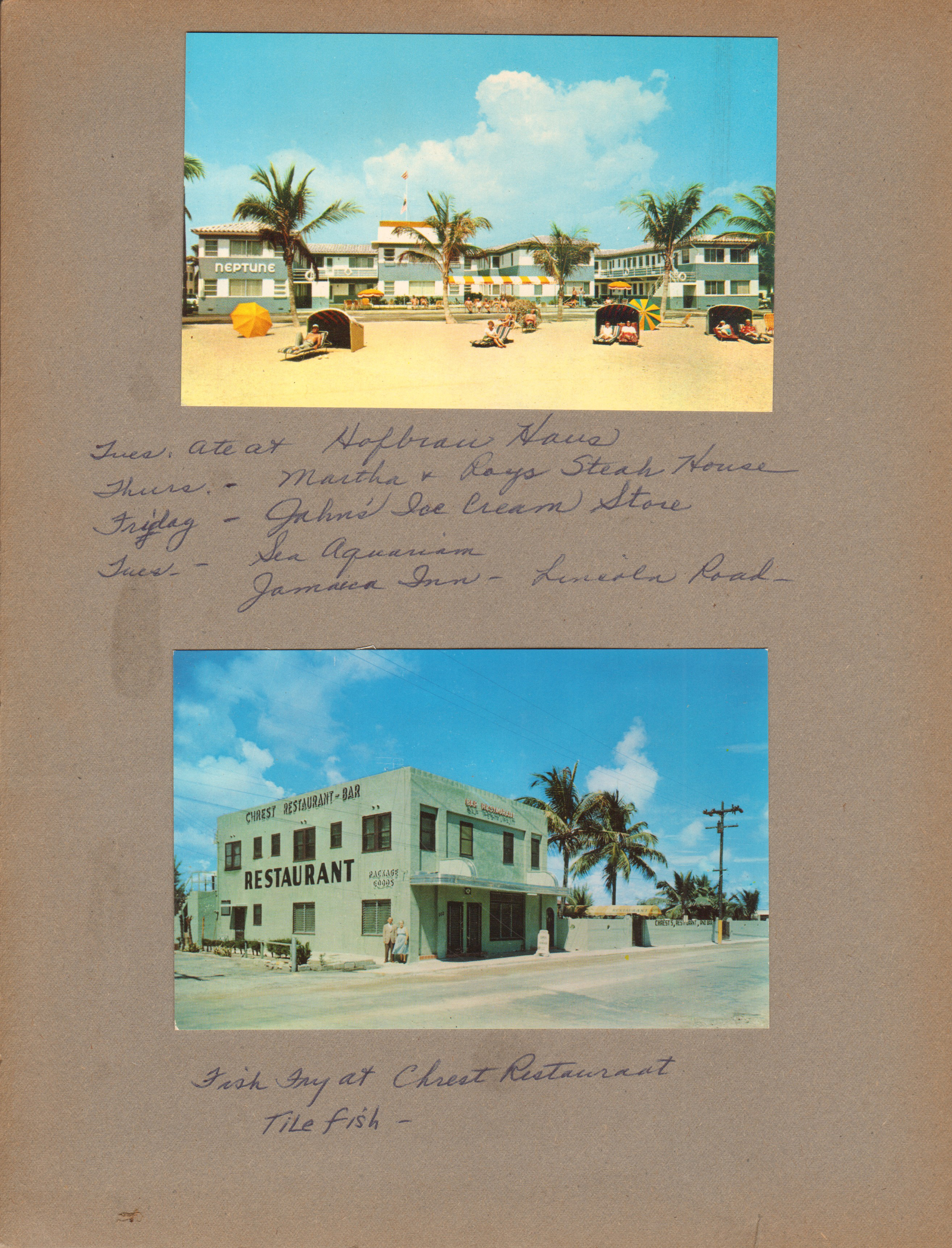 postcards - Neptune Apartments Hollywood Florida, Chrest restaurant - tile fish