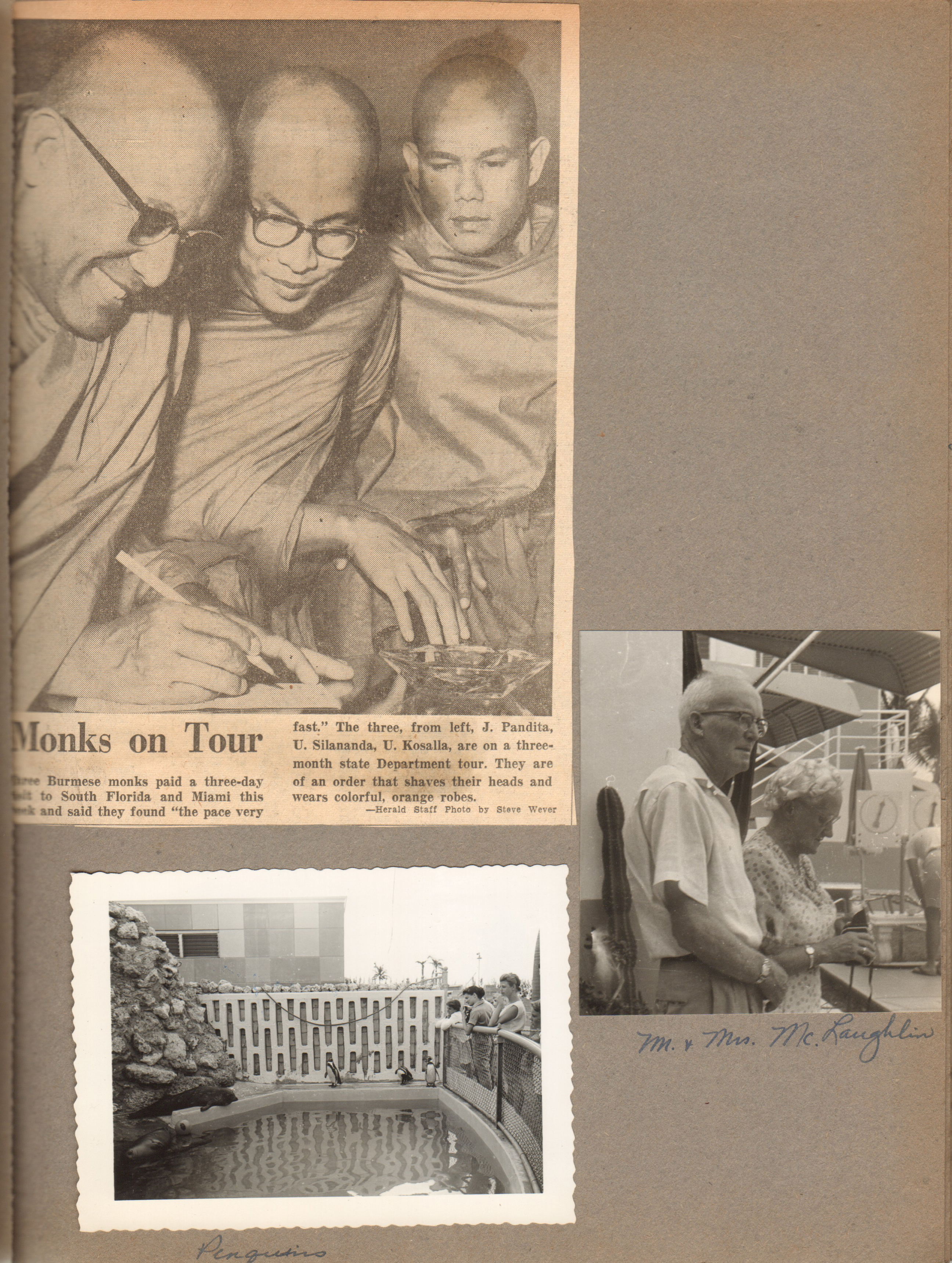 clipping Monks on tour Miami. Miami Seaquarium penguins. Hollywood Beach Florida - Neptune - Mr and Mrs McLaughlin (probably owner's parents)