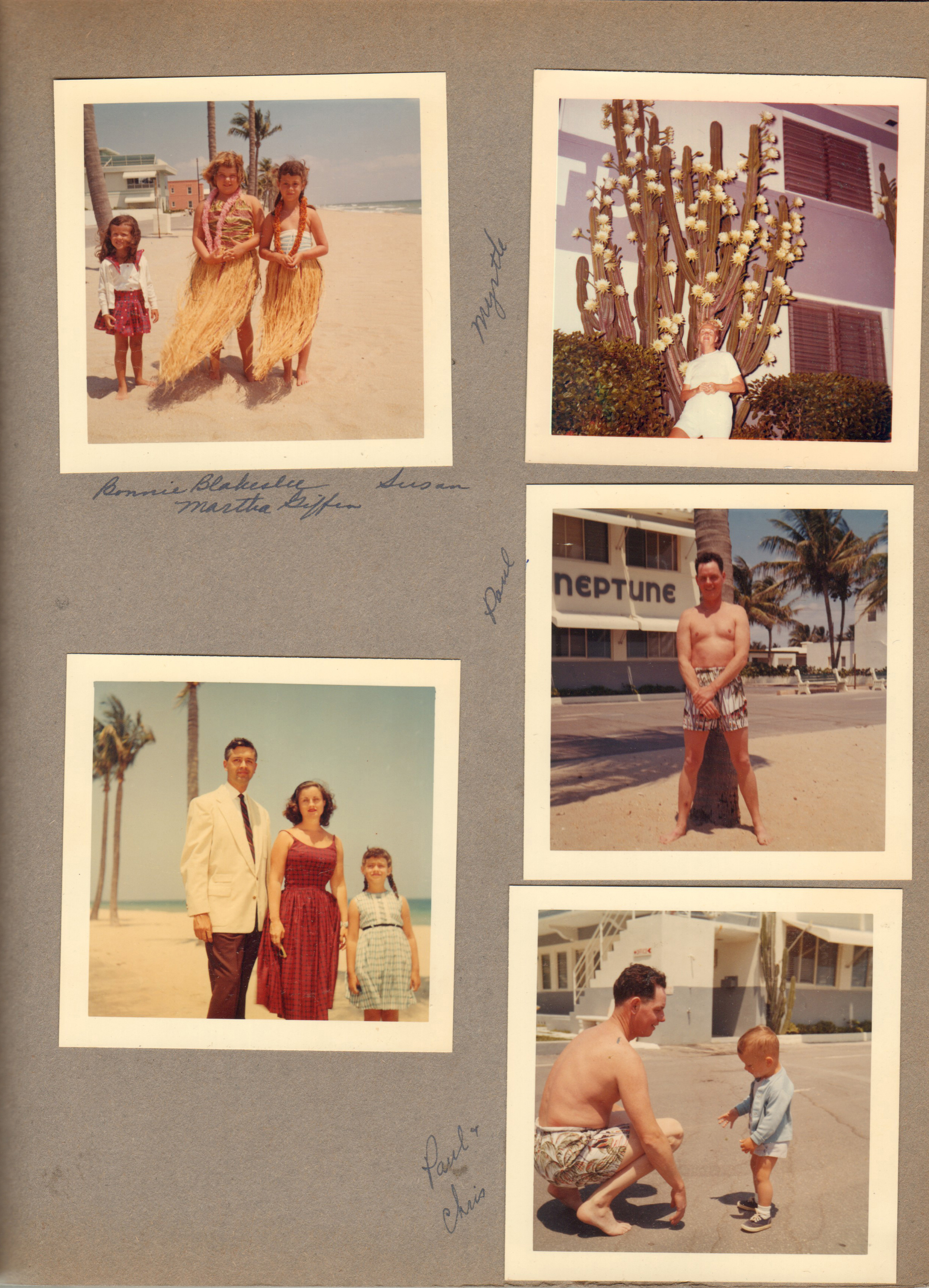 Hollywood Beach Florida - Neptune - Bonnie Blakeslee, Martha Giffin and Susan hula skirts on beach. Myrtle McLaughlin on Surf Road by flowering cactus. John, Rosemary and Susan dressed up. Paul at palm tree. Paul and Chis on broadwalk.