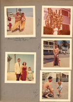 Hollywood Beach Florida - Neptune - Bonnie Blakeslee, Martha Giffin and Susan hula skirts on beach. Myrtle McLaughlin on Surf Road by flowering cactus. John, Rosemary and Susan dressed up. Paul at palm tree. Paul and Chis on broadwalk.
