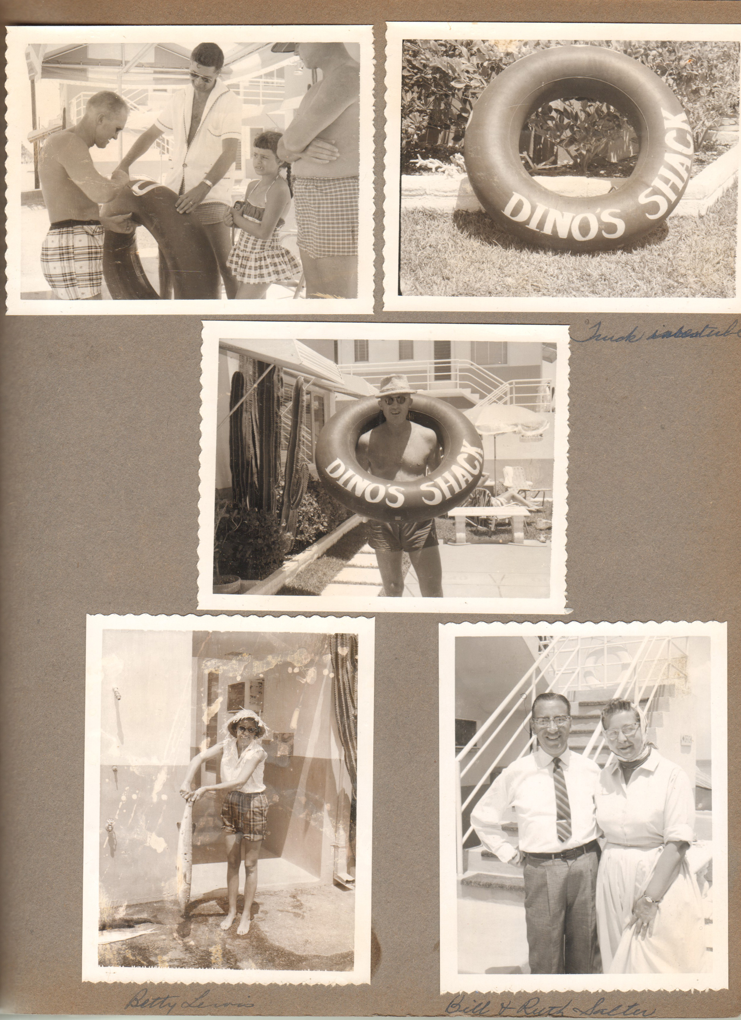 Hollywood Beach Florida - Neptune - John and Susan getting inner tube painted. Dino's Shack (Dean McLaughlin owns Neptune). Betty Lewis with fish. Bill and Ruth Salter