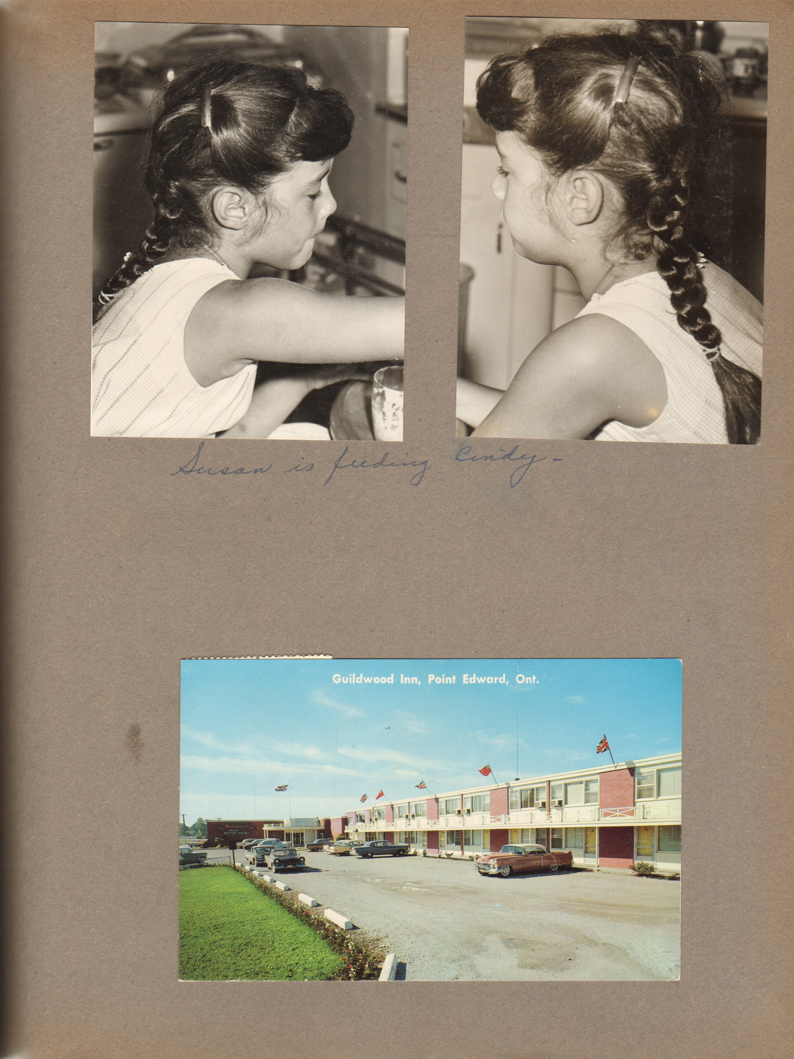 Susan is feeding Cindy. Postcard - Guildwood Inn, Point Edward, Ont