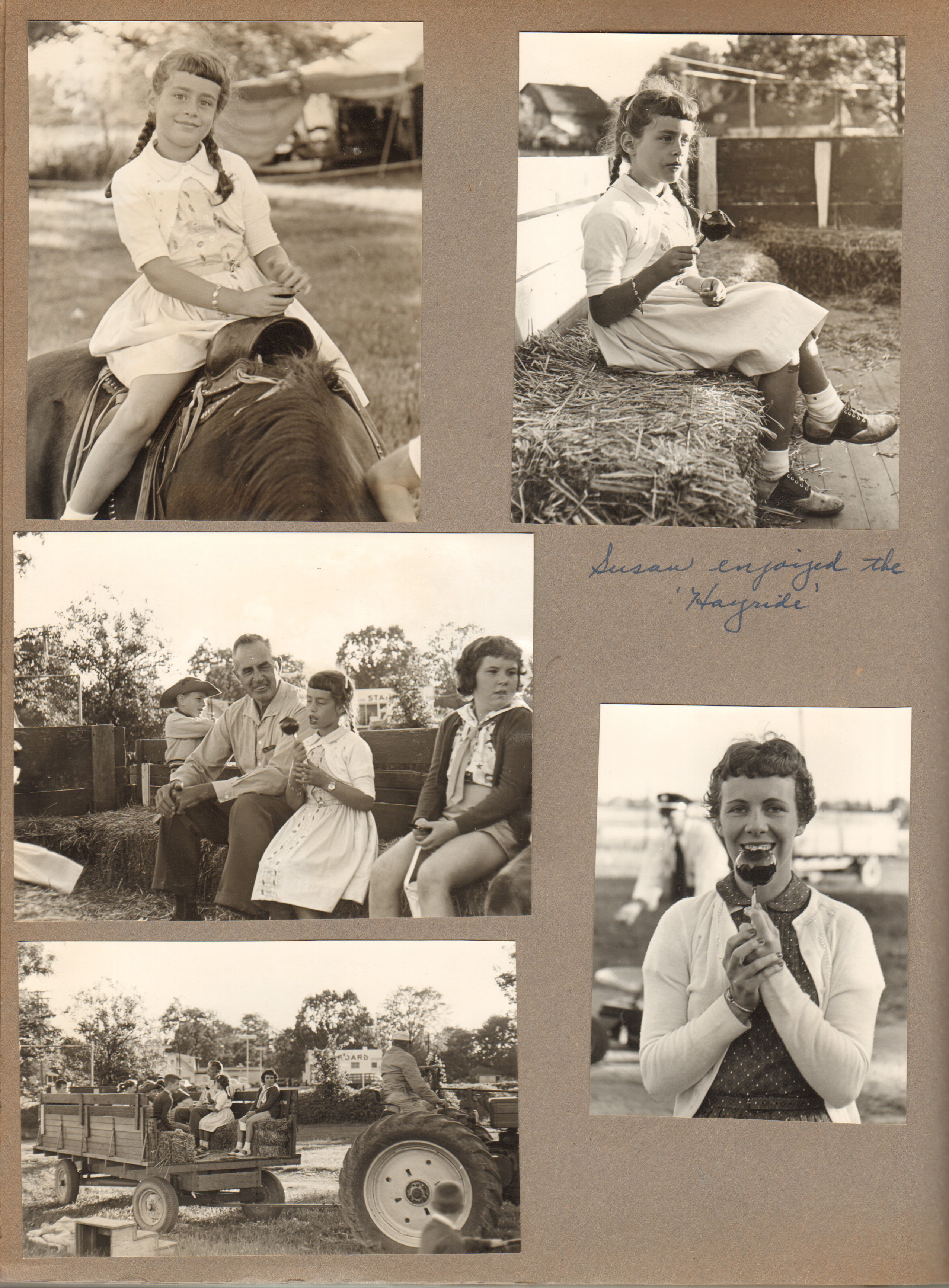 Castleton Fish Fry - Susan on pony, Susan hayride with candy apple. Girstle and Susan on hayride. Patty candy apple.