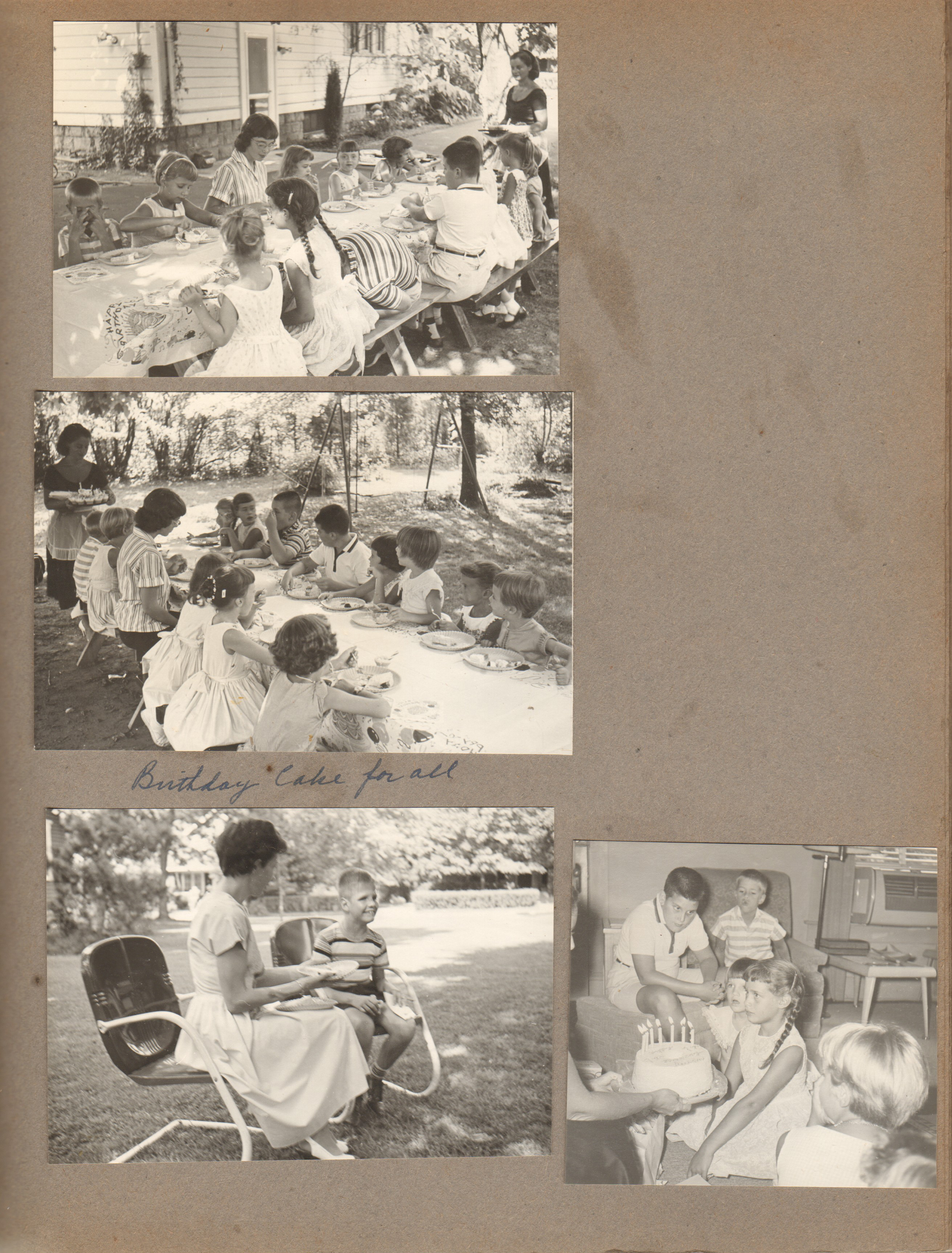 Susan's birthday party behind 6122 house Woman and Snodgrass boy who is blind. Party in 6122 living room