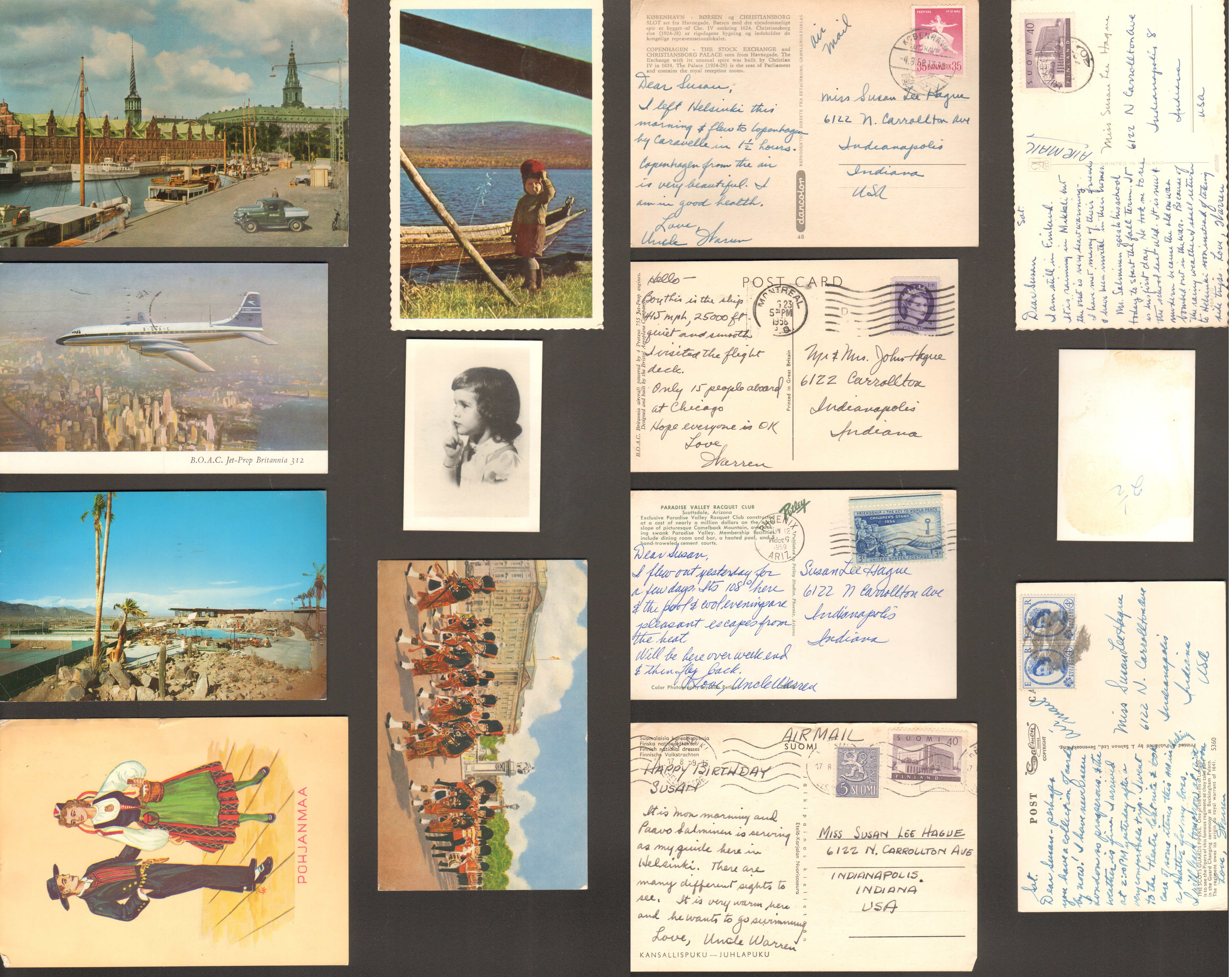 stuff in envelope - postcards from Warren in Europe and picture of Susan shushing.