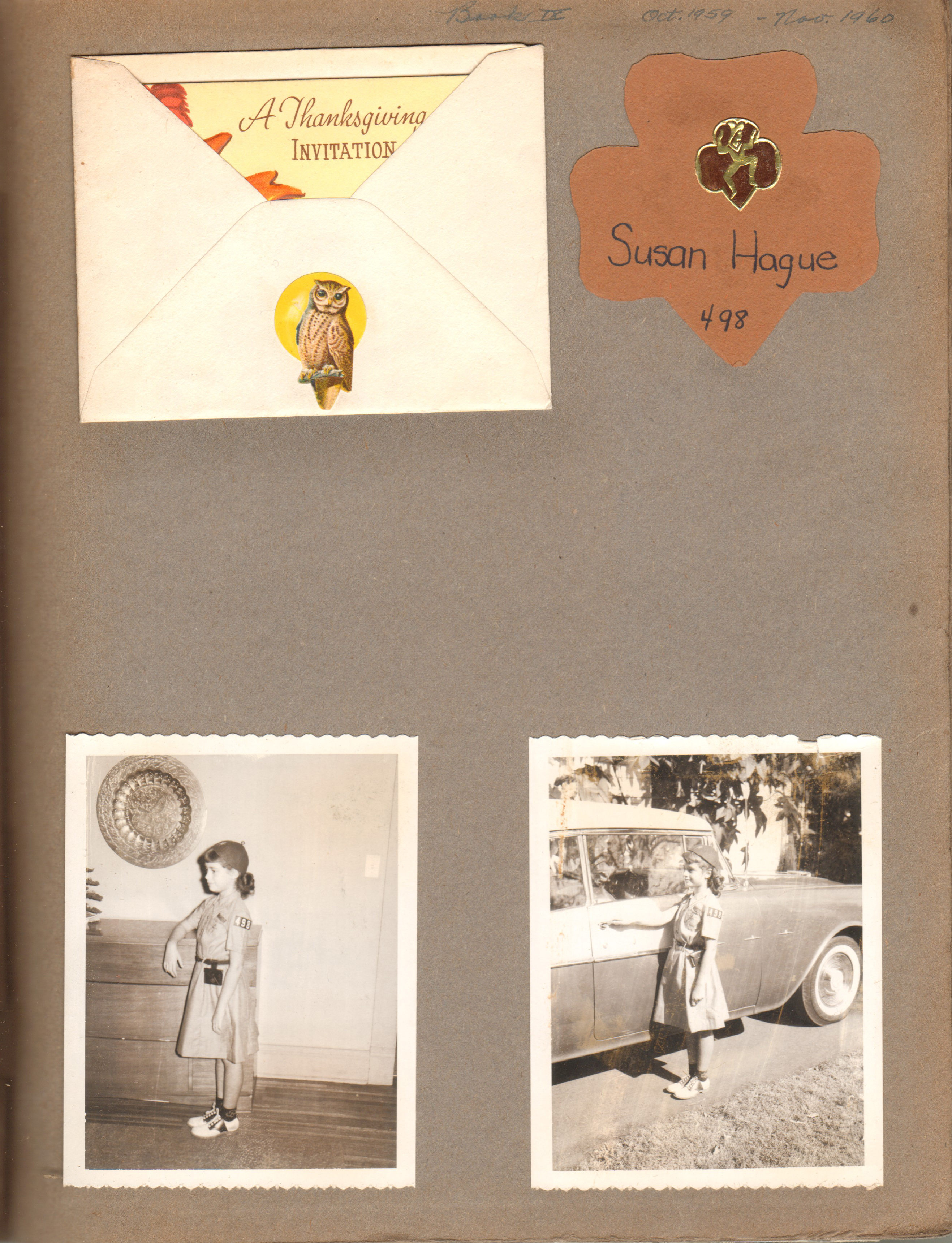 Thanksgiving Invitation. Susan Girl Scout Brownie name tag. Susan in uniform in dining room and by car