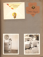 Thanksgiving Invitation. Susan Girl Scout Brownie name tag. Susan in uniform in dining room and by car
