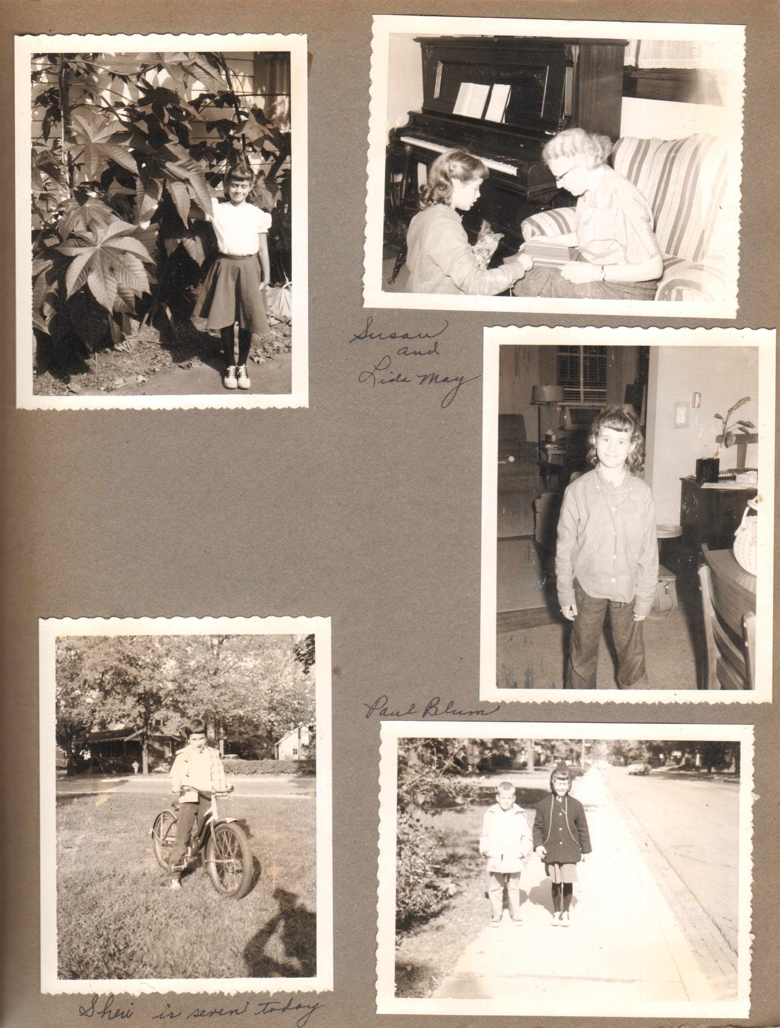 Susan and castor bean. Susan and Lida May. Susan in 6122 dining room. Sheri on bike in yard. Susan and Paul Blum on sidewalk