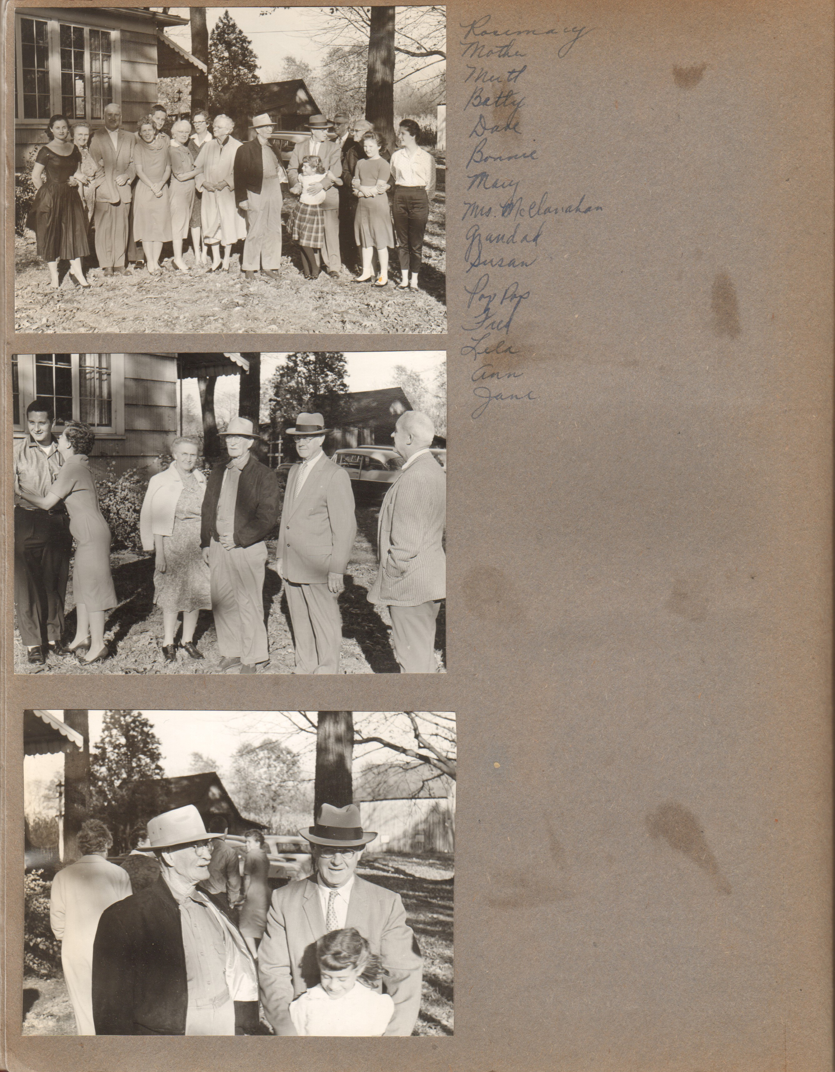 Letsinger reunion (Logansport?) Rosemary, Vonnie, Mutt (Clarence), Betty, Dave, Bonnie, Mary, Mrs McClanahan, Theodore,  Susan, Curt, Fred, Lela, Ann, Jane. Dave, Betty, Vonnie, Theodore, Curt, Mutt. Theodore, Curt, Susan