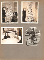 Susan and Rosemary decorating a white Christmas tree at home. Susan and friend in 6122 kitchen. Susan on bike