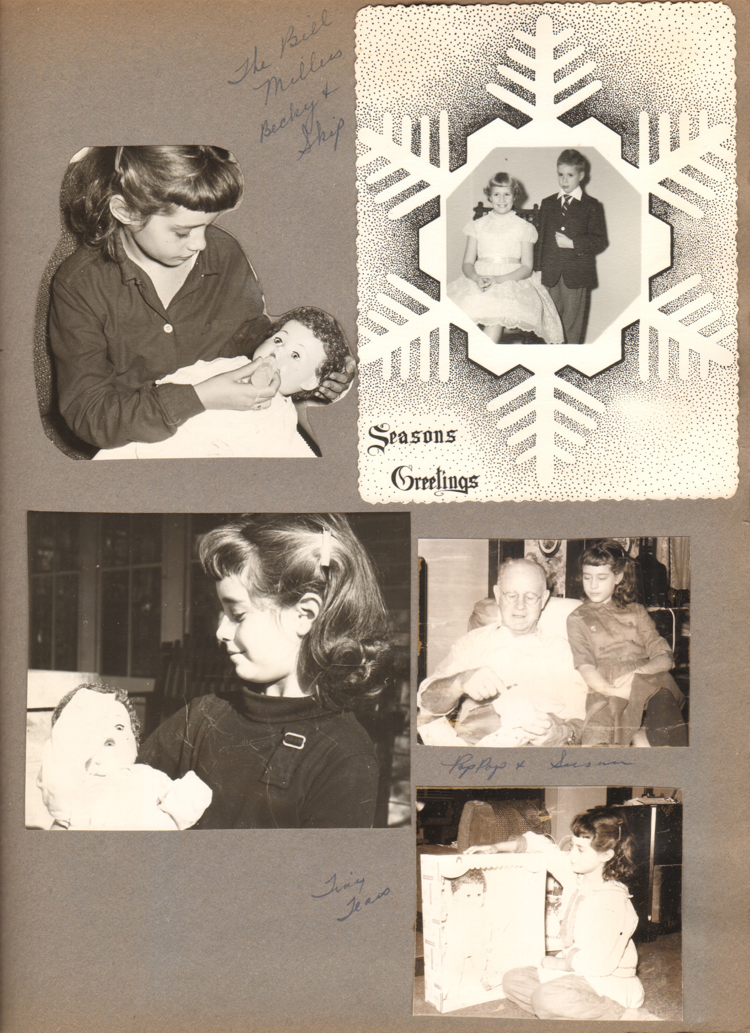 Christmas card - The Bill Millers - Becky and Skip. Susan feeding doll. Curt and Susan. Tiny Jean doll