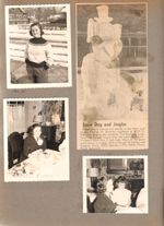 Rosemary outside on snow on sidewalk Carrollton. Rosemary in dining room 3845 Capitol. Newspaper clipping Huckleberry Hound snowman. Rosemary and Susan in dining room 3845 Capitol