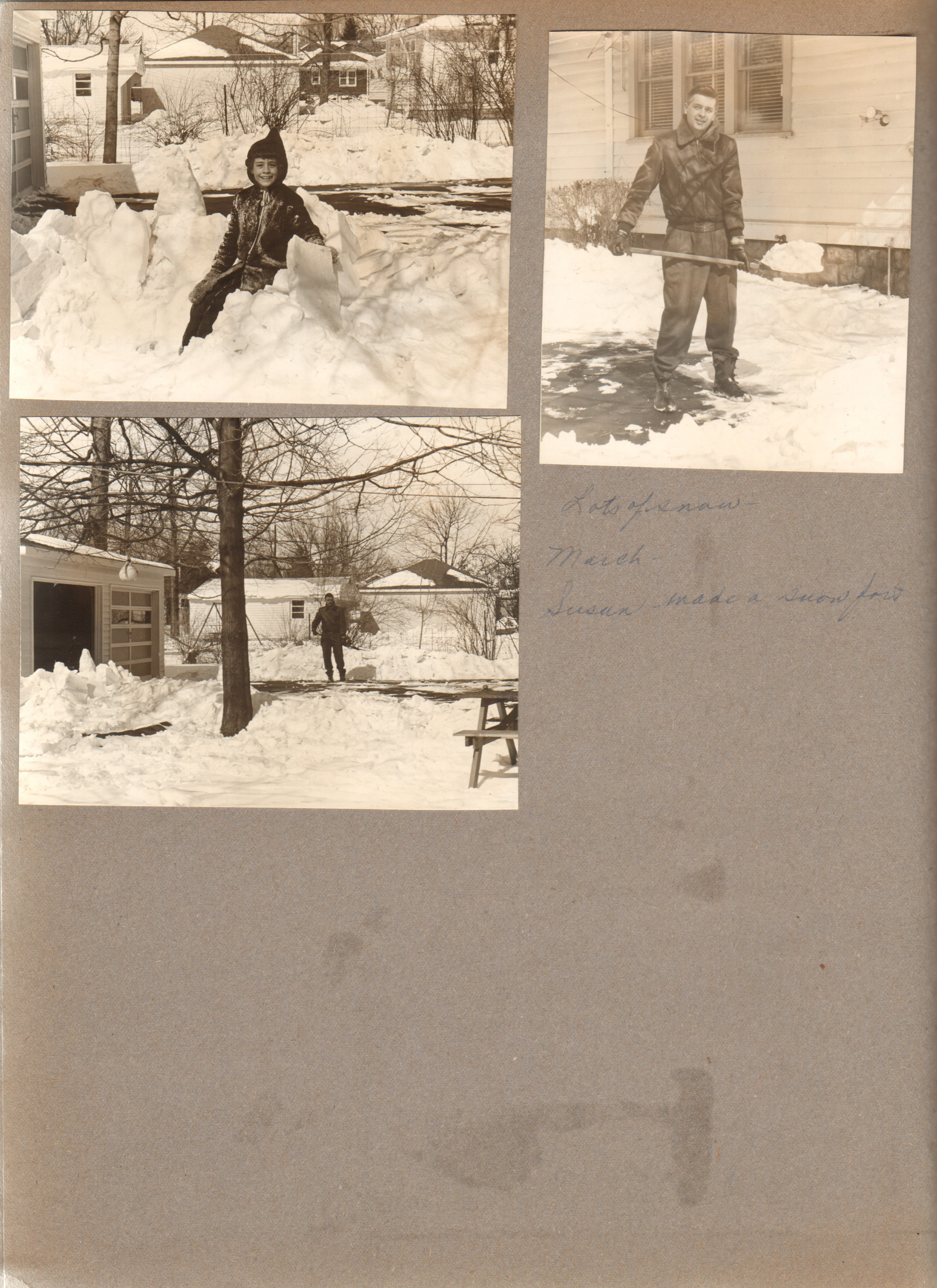 Susan in snow fort on 6122 driveway. John shoveling snow