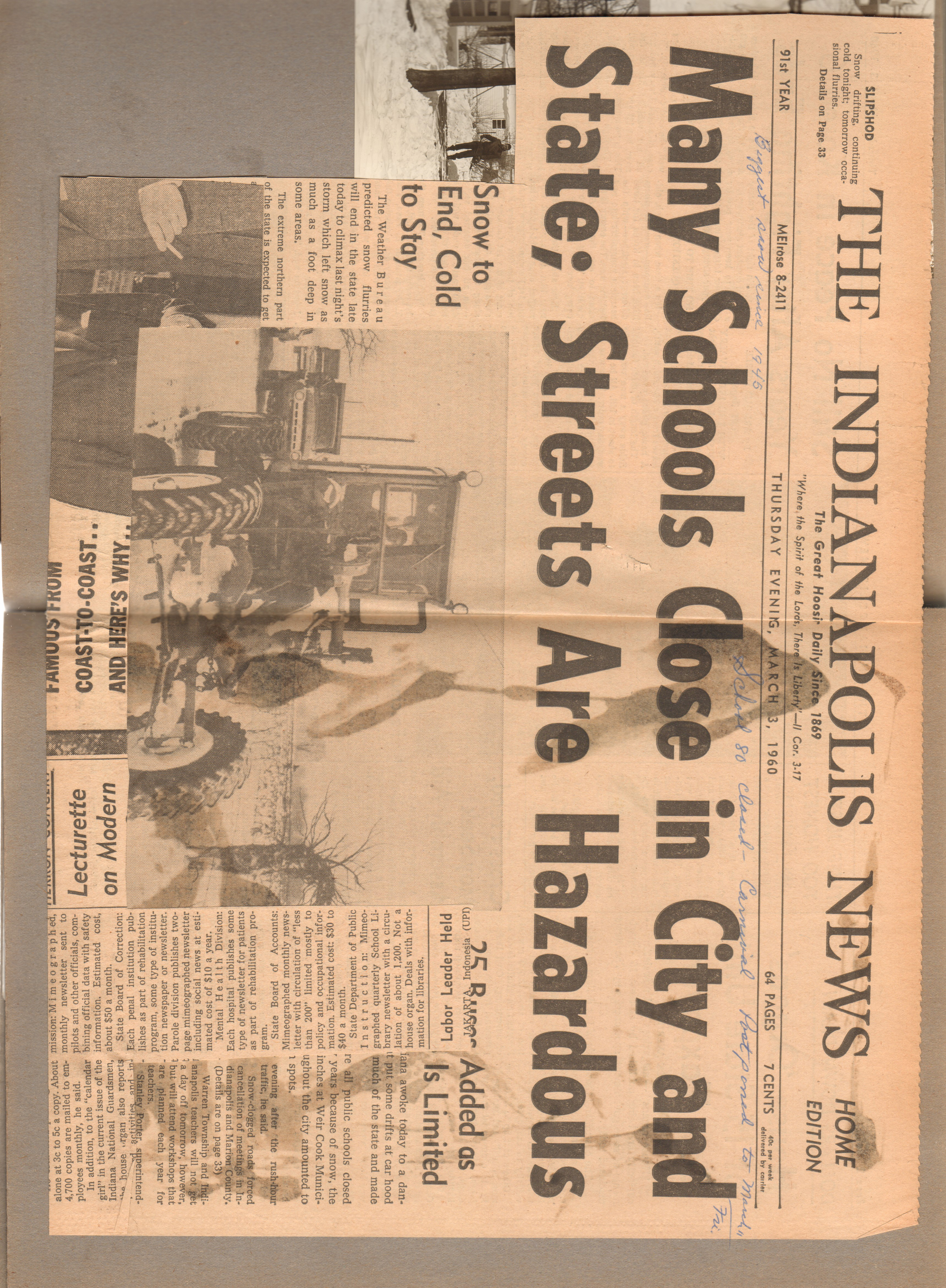 Newspaper clipping unfolded - Many Schools Close for snow