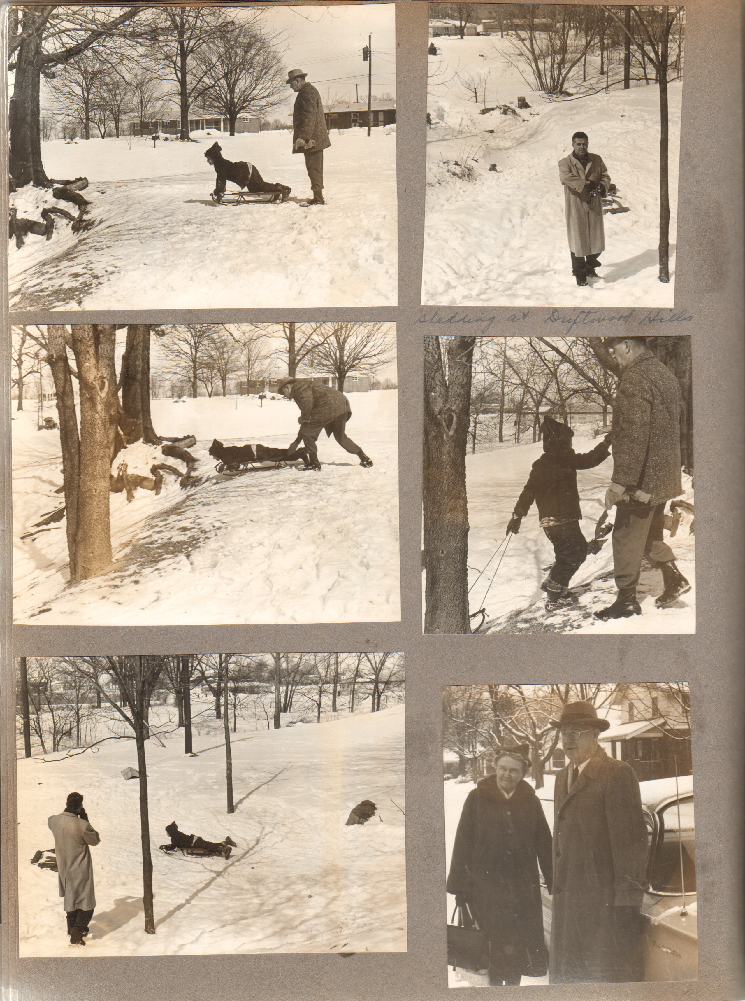 John and Susan sledding at Driftwood Hills. Vonnie and Curt outside by car.