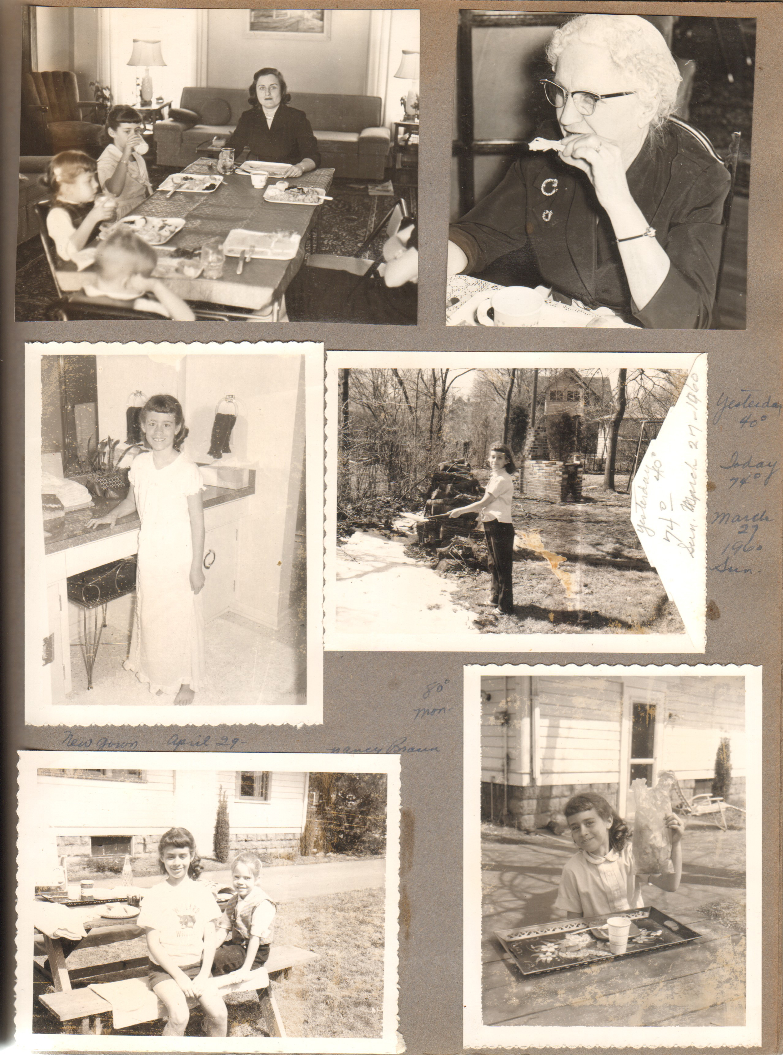 8815 Haverstick - Karen, Susan, Rosemary at folding table. Nora Hague. Susan in new gown in 6122 bathroom. Susan in back yard 6122. Susan and Nancy Braun at picnic table. Susan snack on a tray in 6122 back yard by back door.