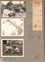 Susan with baby duck in back yard. Duck in bathroom sink. Susan, Eddie and Karen play with duck on driveway 6122. Newspaper clipping April rain