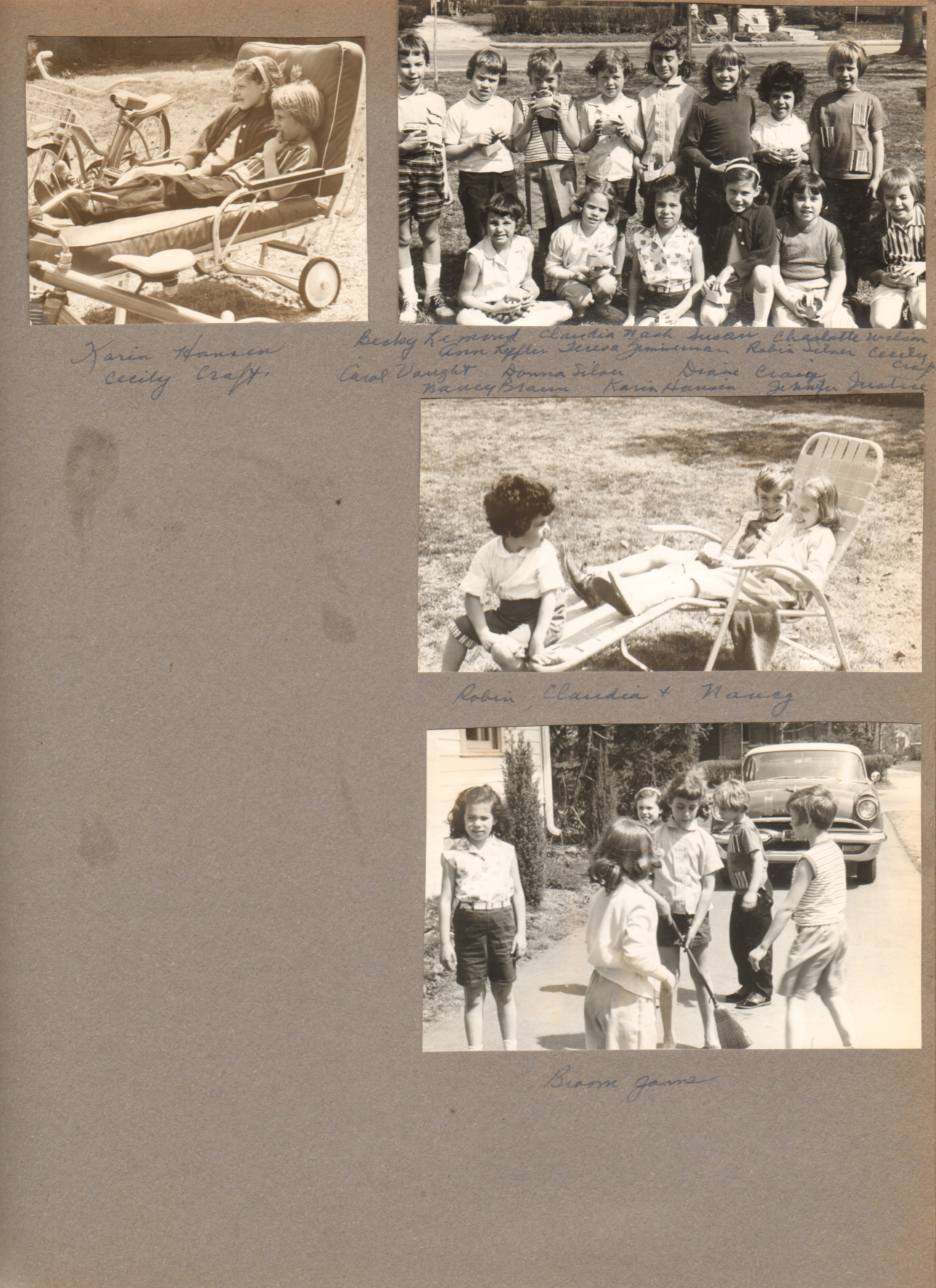 Karin Hansen and Cecily Craft on porch lounge. Group - Becky Lemond, Claudia Nash, Susan, Charlotte Wilson, Ann Keffler, Teresa Zimmerman, Robin Silver, Cecily Craft, Carol Vaught, Donna Silver, Diane Craig, Nancy Braun, Karin Hansen, Jennifer Justice. Broom game on driveway.