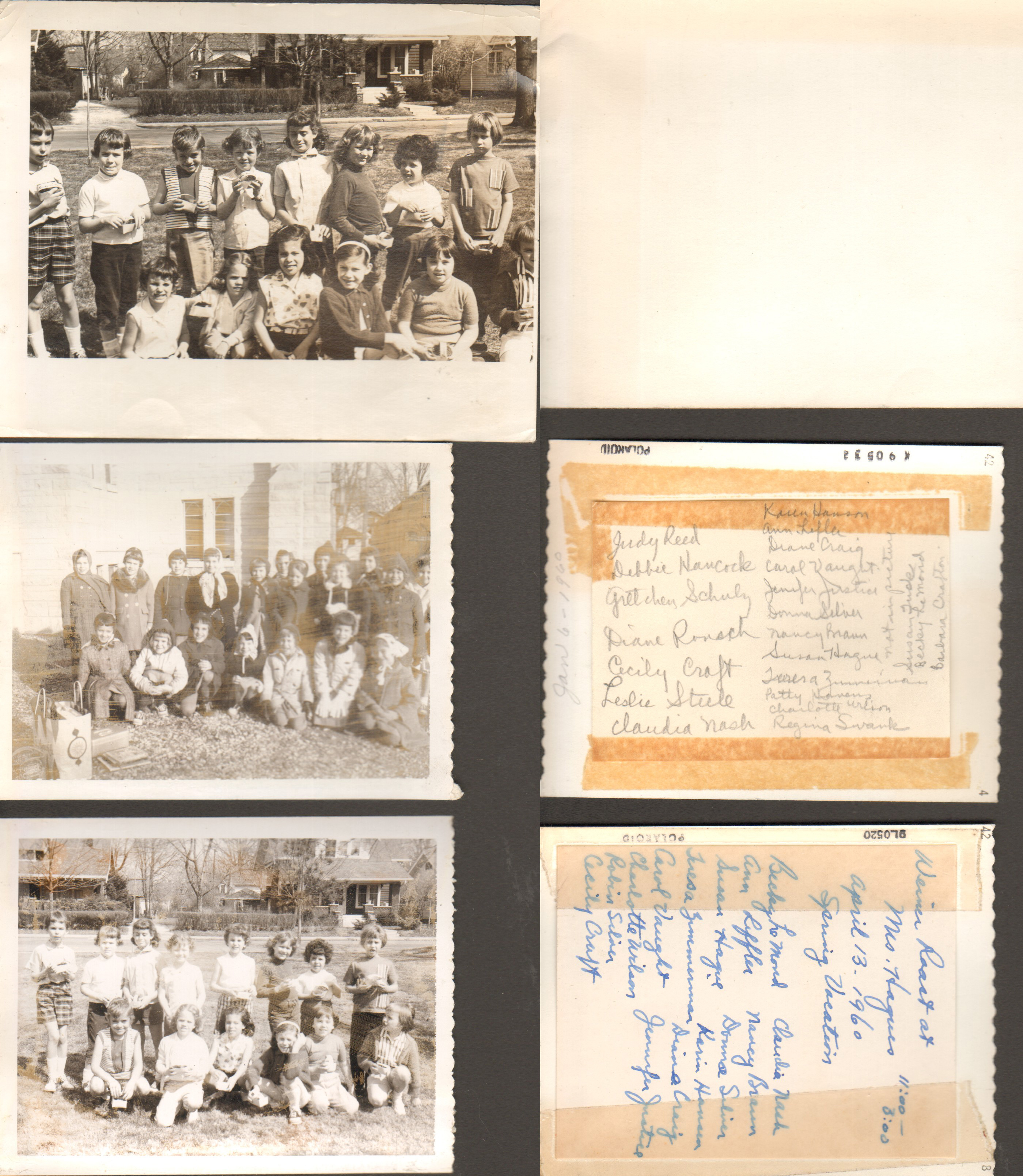 Brownie Troop 498 - Wienie Roast at 6122, April 13, 1960- Becky Lemond, Ann Keffler, Susan, Teresa Zimmerman, Carol Vaught, Robin Silver, Cecily Craft, Claudia Nash, Nancy Braun, Donna Silver, Karin Hansen, Diane Craig, Jennifer Justice. Also picture at church - added Judy Reed, Debbie Hancock, Gretchen Schultz, Leslie Steele, Regina Swank (Jan 6, 1960)