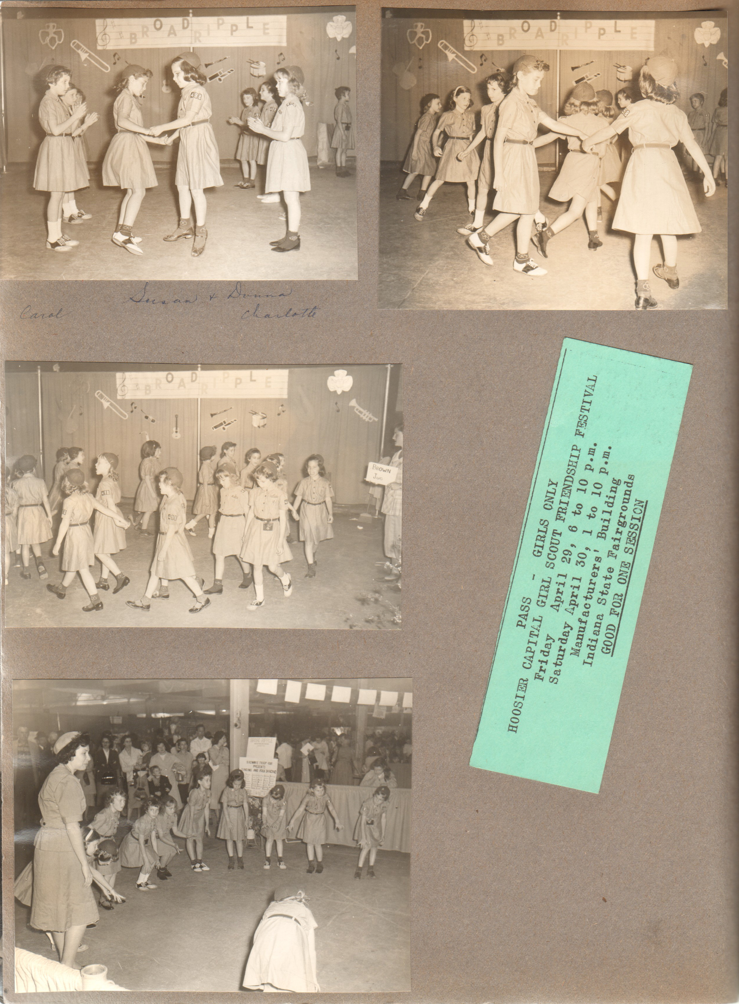 Brownie Troop 498 Broad Ripple at State Fairgrounds. Carol, Susan, Donna Charlotte. Ticket.
