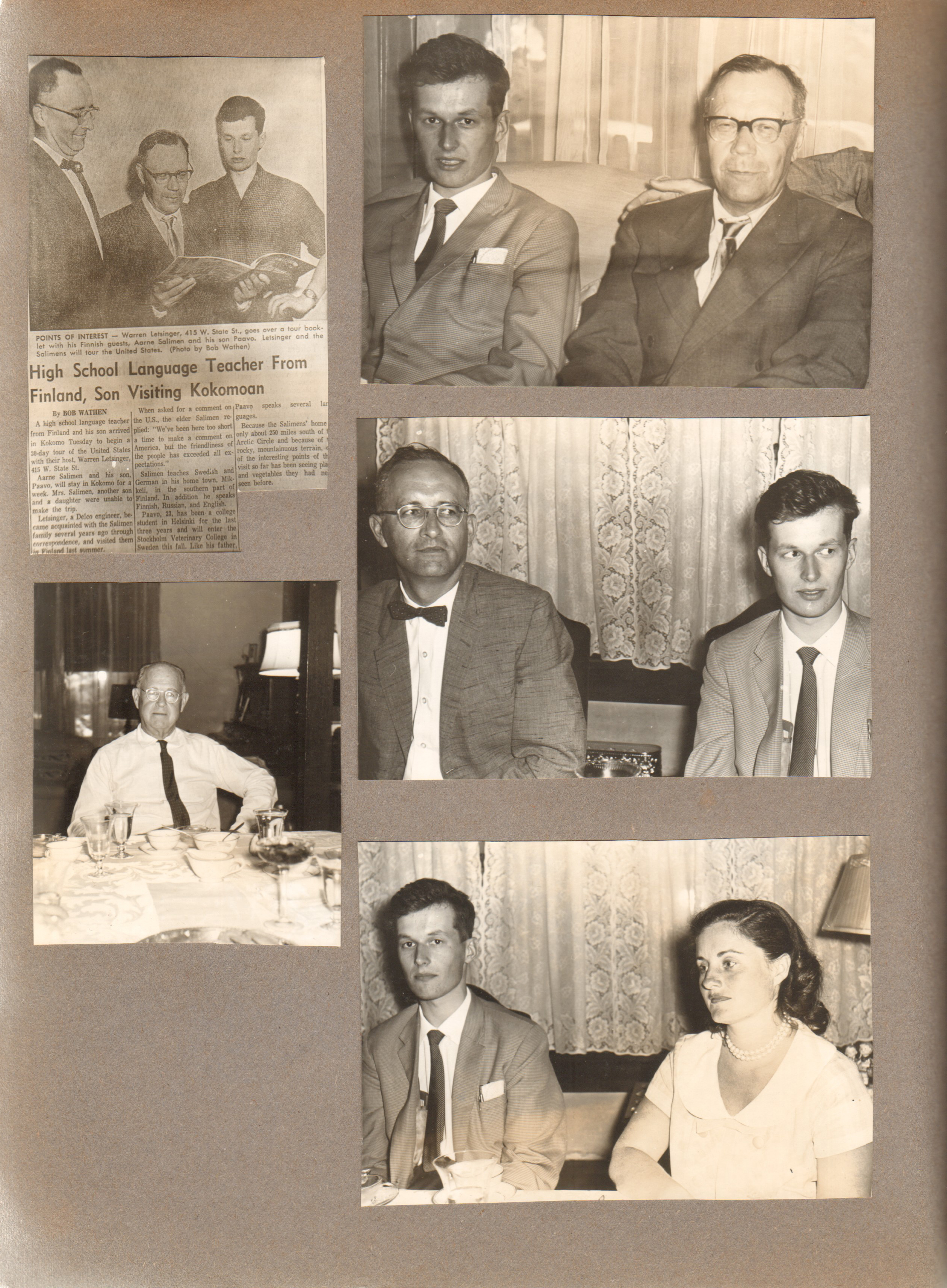From Helsinki, Finland - Aarne Salminen and son Paavo. Newspaper clipping (misspells Salminen). Warren, Curt, Rosemary. at 3845 N. Capitol Ave house.
